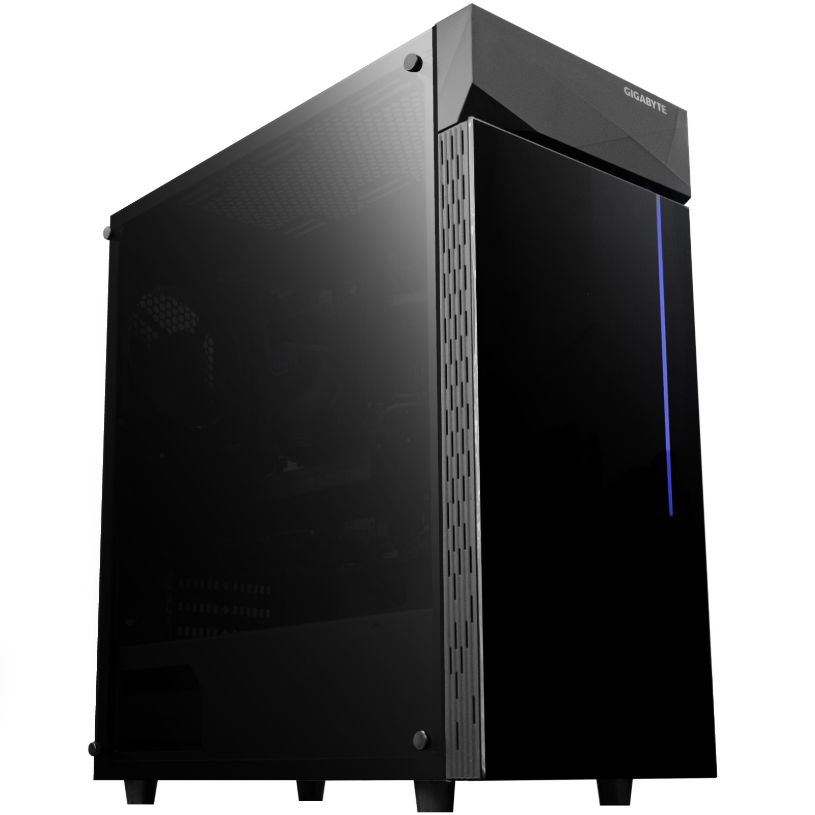 Carcasa de ordenador negra con panel lateral de cristal, LED azul y logo Gigabyte sobre superficie negra.