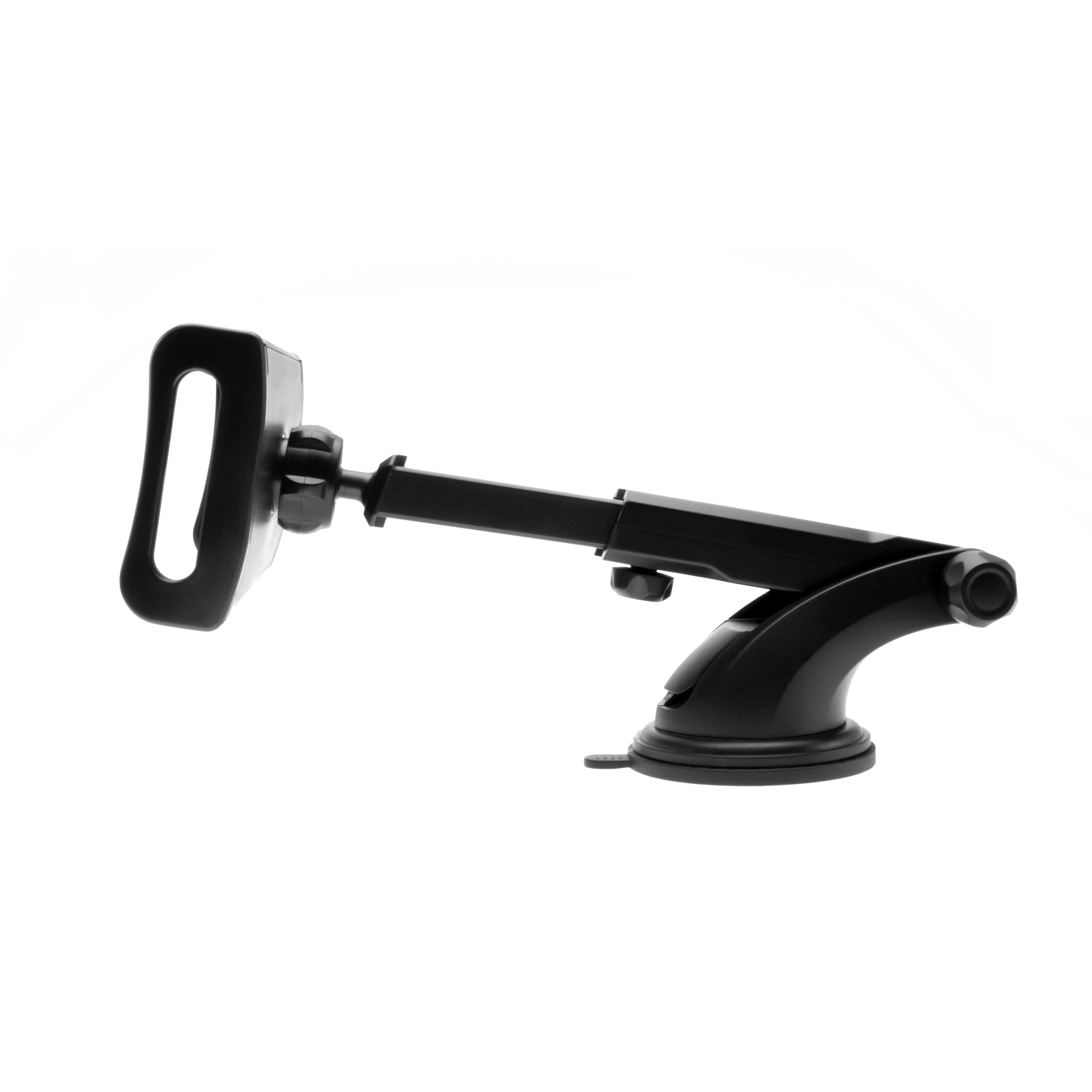 Eine schwarze Autotelefonhalterung mit einem Saugnapf, isoliert auf weißem Hintergrund.
