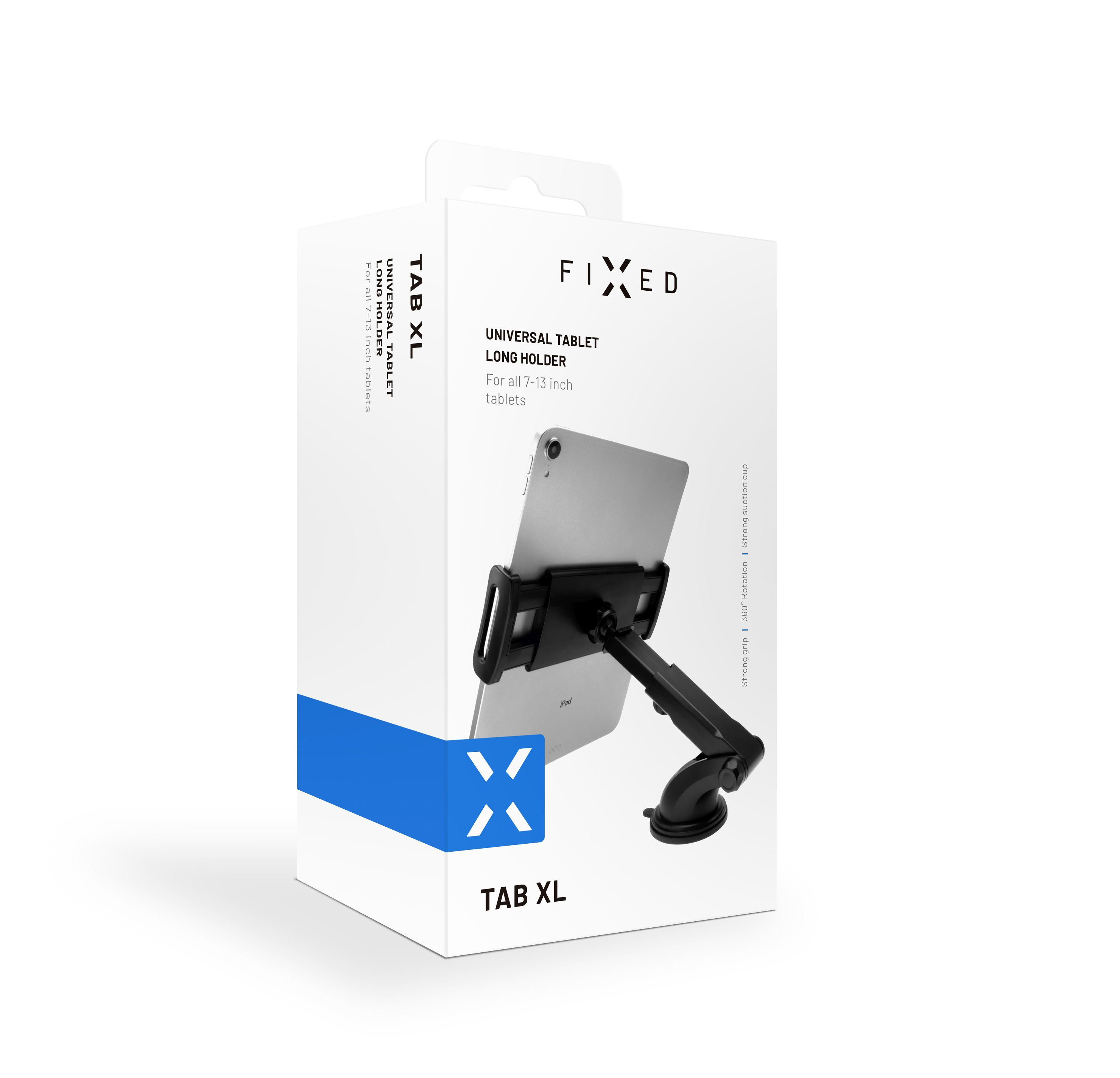 Ein Tablethalter in einer Box mit einem Tablet darin. Der Halter ist an einem Saugnapf befestigt.