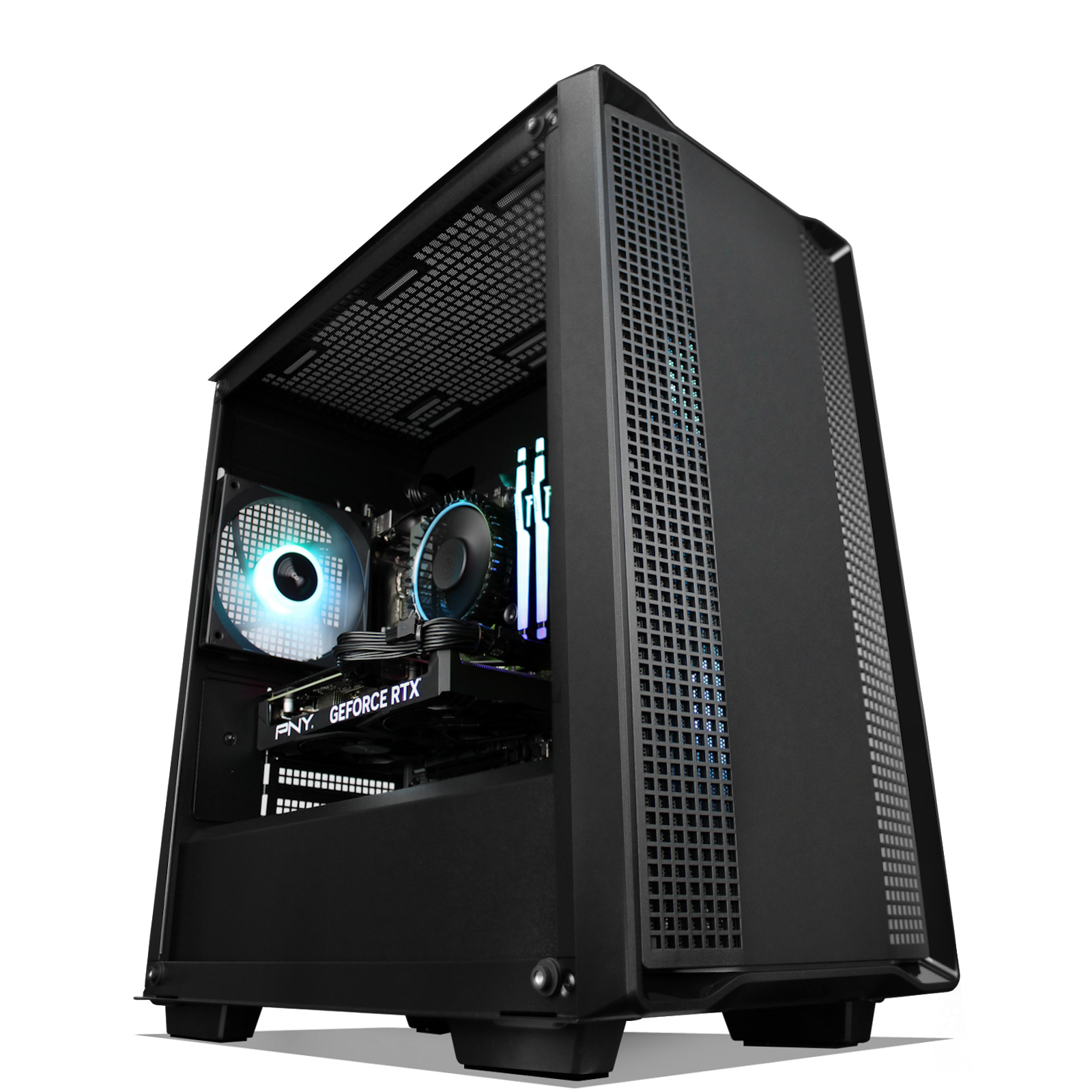 Caja de ordenador negra con panel lateral abierto que revela componentes internos: ventiladores, GPU y refrigerador de CPU con iluminación RGB.
