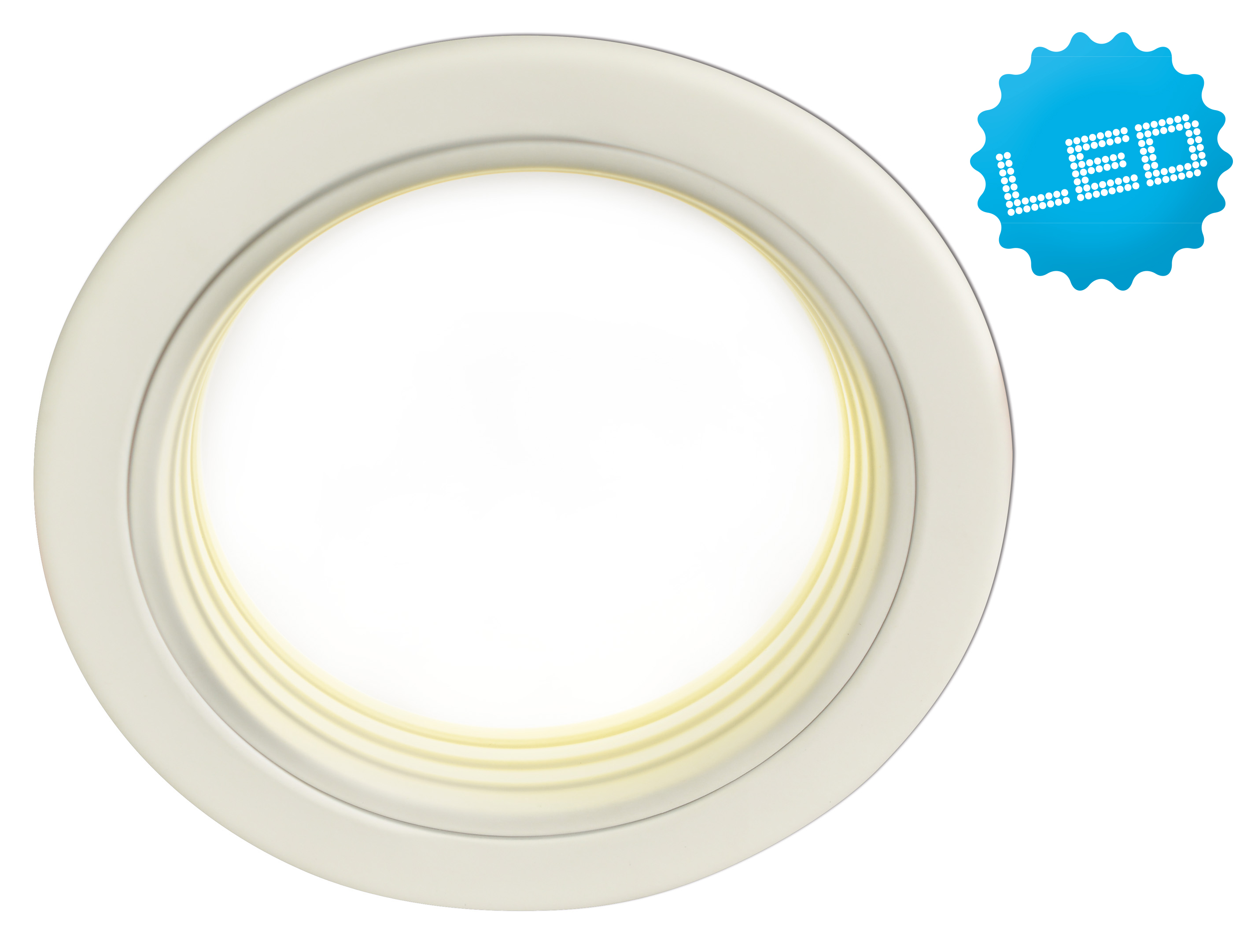 Eine kreisförmige LED-Leuchte mit weißem Rand und einem hellen weißen Innenkreis. Der Aufkleber 'LED' ist sichtbar.