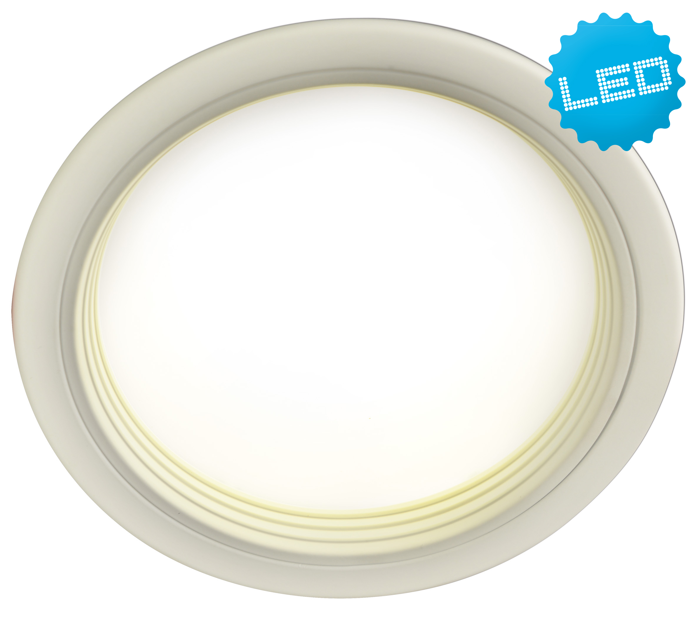 Eine weiße LED-Deckenleuchte mit blauem LED-Aufkleber auf weißem Hintergrund.
