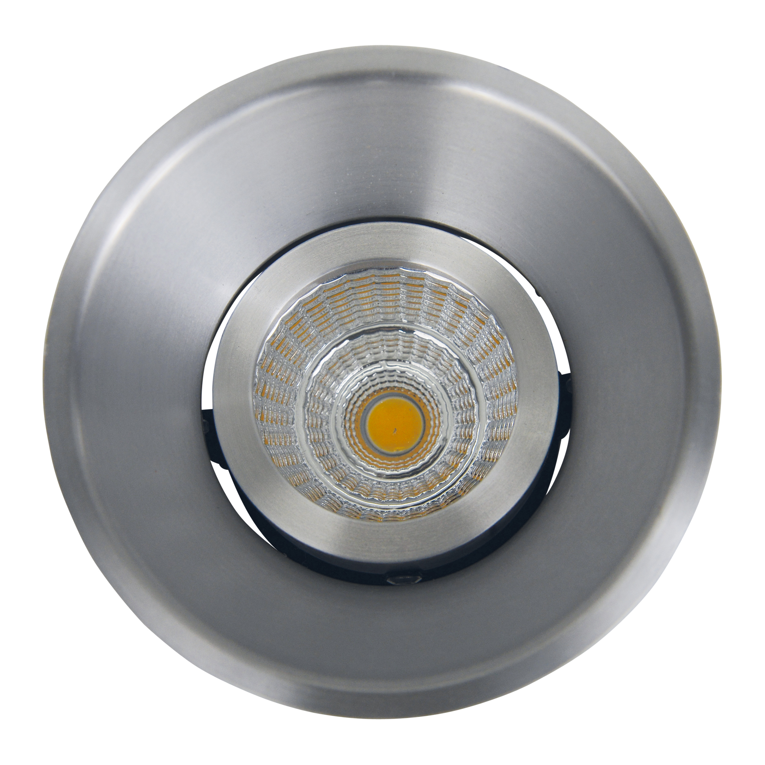 Nahaufnahme eines Einbau-LED-Lichts. Silbernes Gehäuse mit zentralem Leuchtelement.