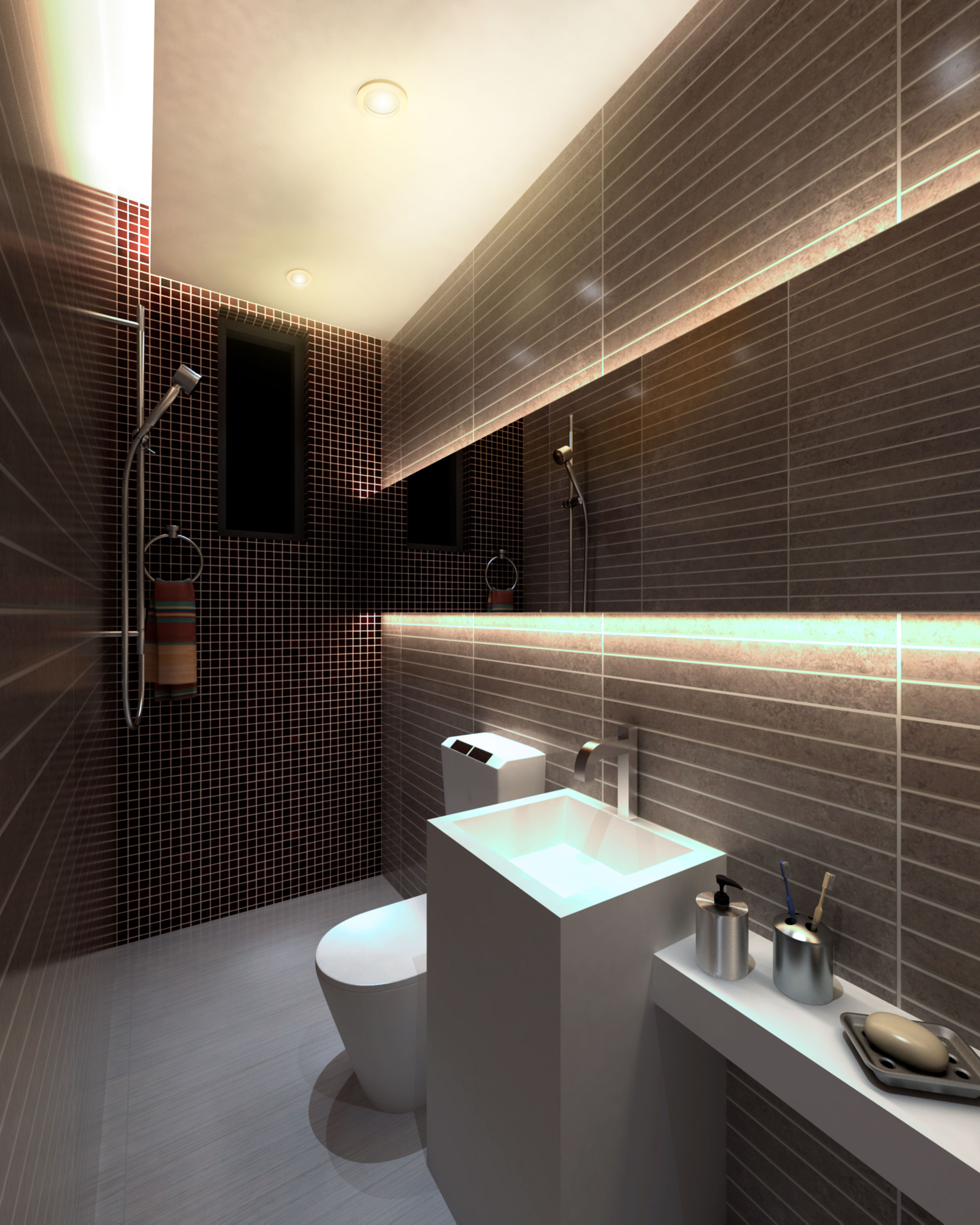 Modernes Badezimmer mit braunen Fliesen, weißen Armaturen und einem Spiegel. Deckenbeleuchtung.