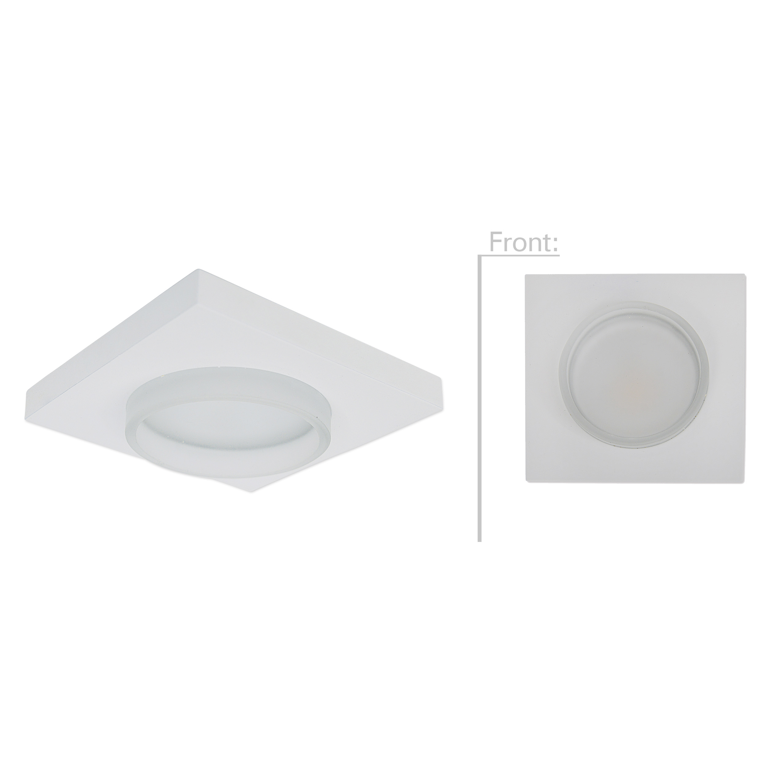 Quadratische LED-Einbauleuchte in Weiß. Es hat ein zentrales Element aus Milchglas und einen quadratischen Rahmen.