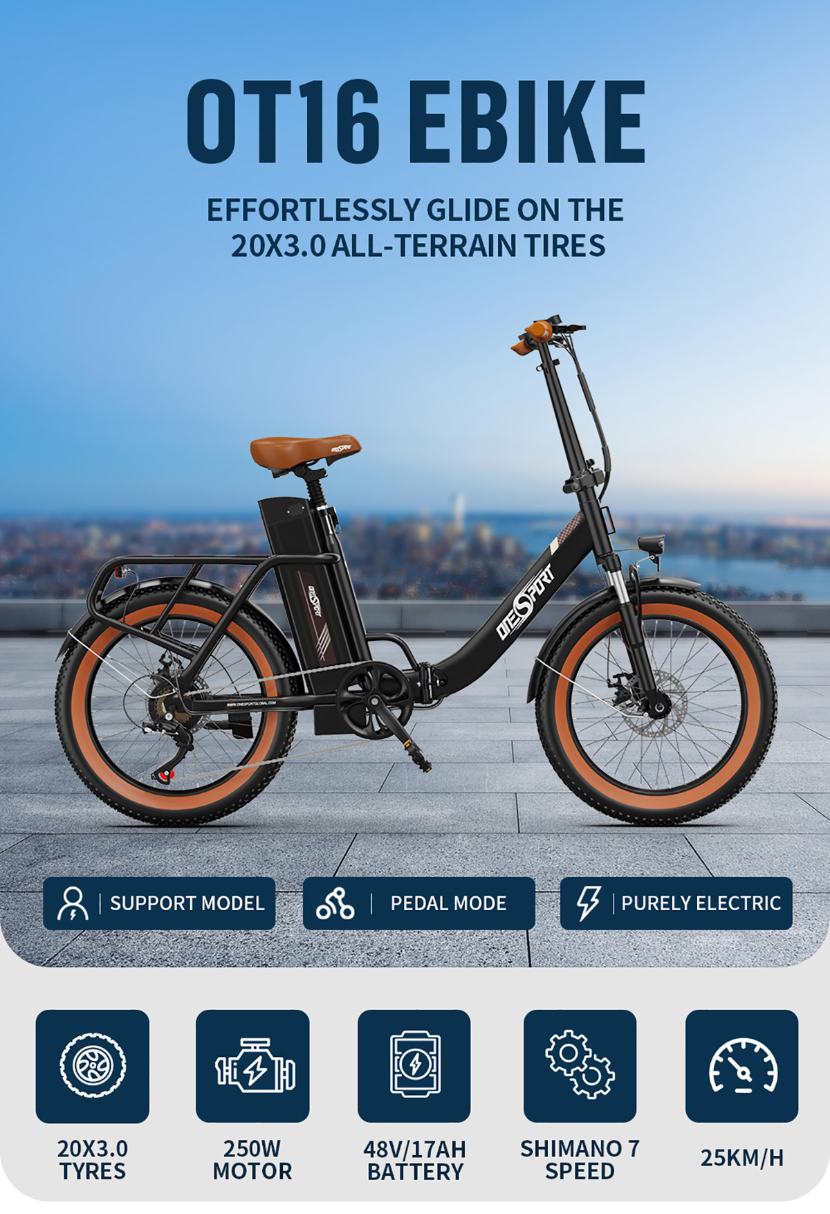 Ein OT16 Ebike mit schwarzem Rahmen, braunem Sitz und orangefarbenen Reifen wird auf weißem Hintergrund angezeigt.