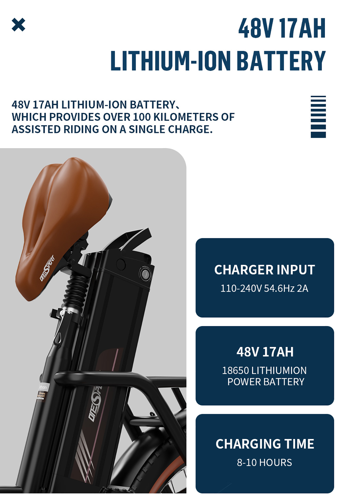 Diagramm eines schwarzen Elektrofahrrads mit braunem Sattel. Zeigt Batteriedetails und Ladegeräteingang.