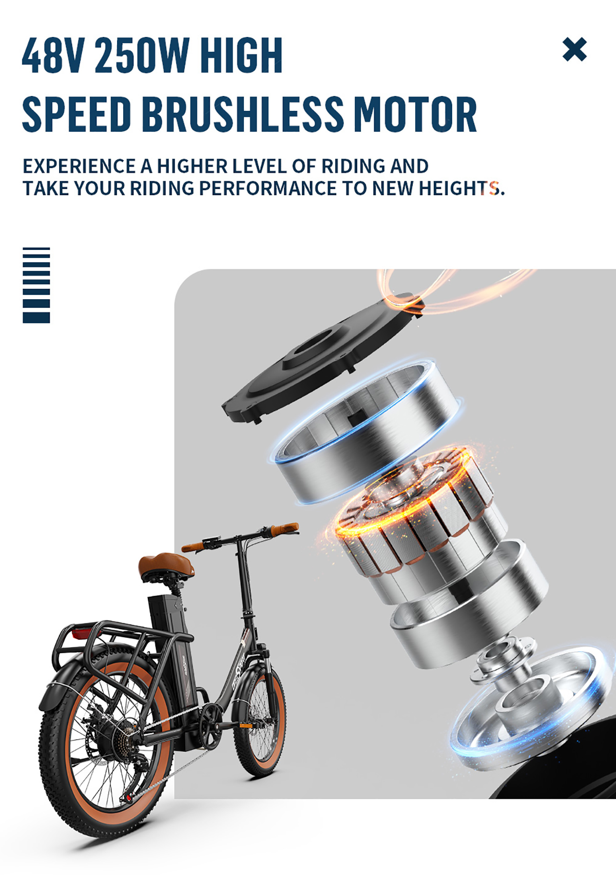 Ein E-Bike mit detaillierter Ansicht seiner Motorkomponenten und Text, der seine Funktionen beschreibt.