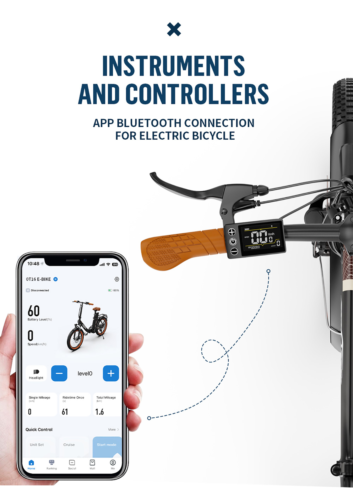 Ein Elektrofahrrad mit Smartphone-Oberfläche, die verschiedene Bedienelemente und Daten anzeigt. Der Lenker ist sichtbar.