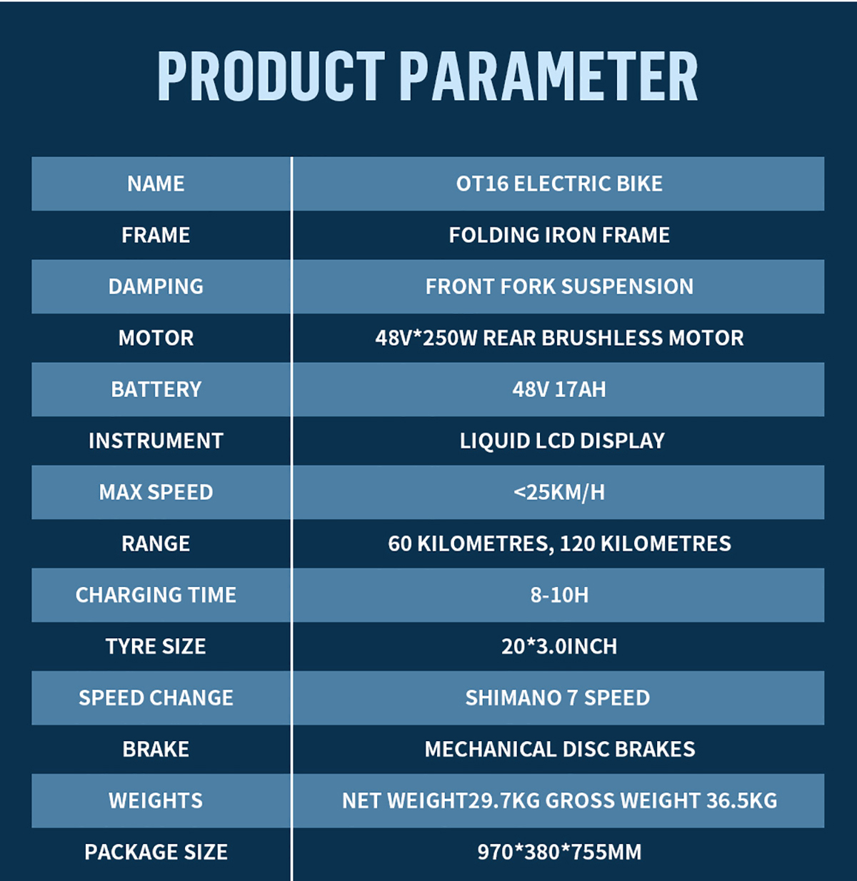 Tabela parametrów produktu dla roweru elektrycznego OT16, w tym nazwa, rama, silnik, bateria i inne specyfikacje.