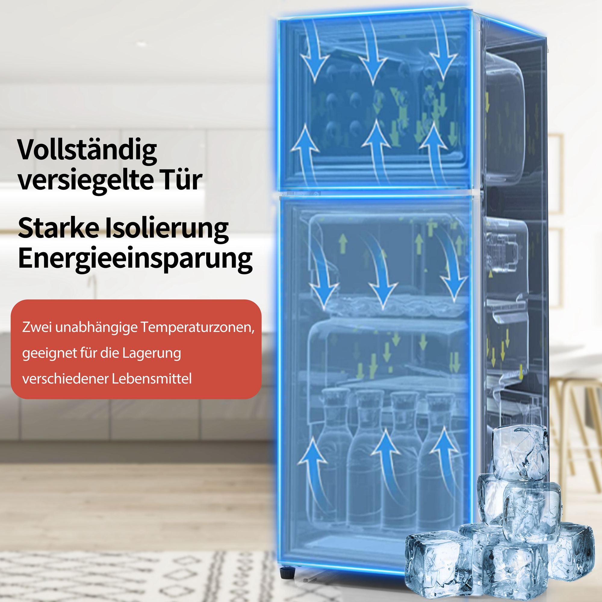 Ein Gefrierschrank, der seine innere Struktur zeigt, mit Eiswürfeln und Flaschen im Inneren.
