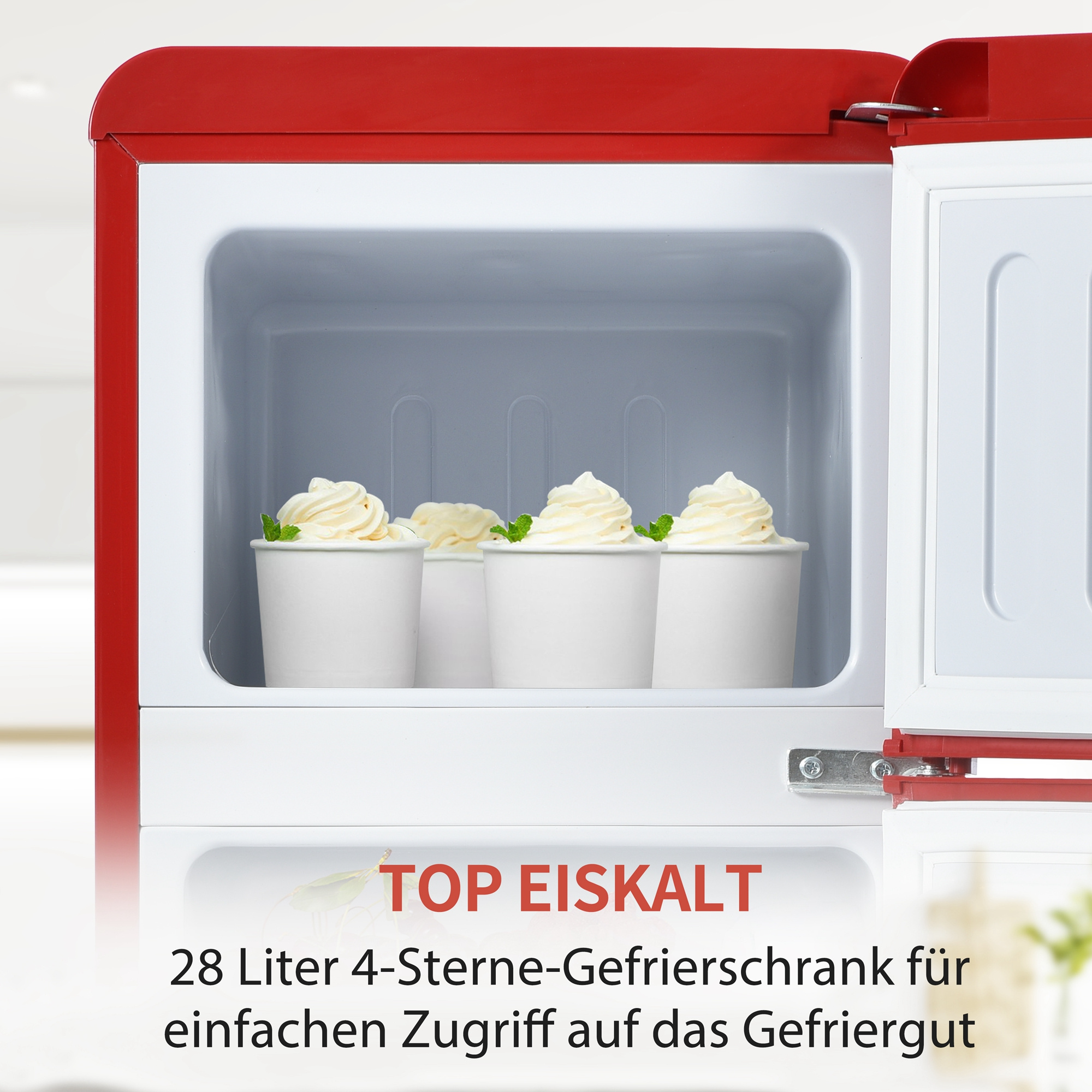 Roter Mini-Kühlschrank offen, zeigt weiße Eisbecher mit Minzblättern. Text sagt 'Top Eiskalt'.
