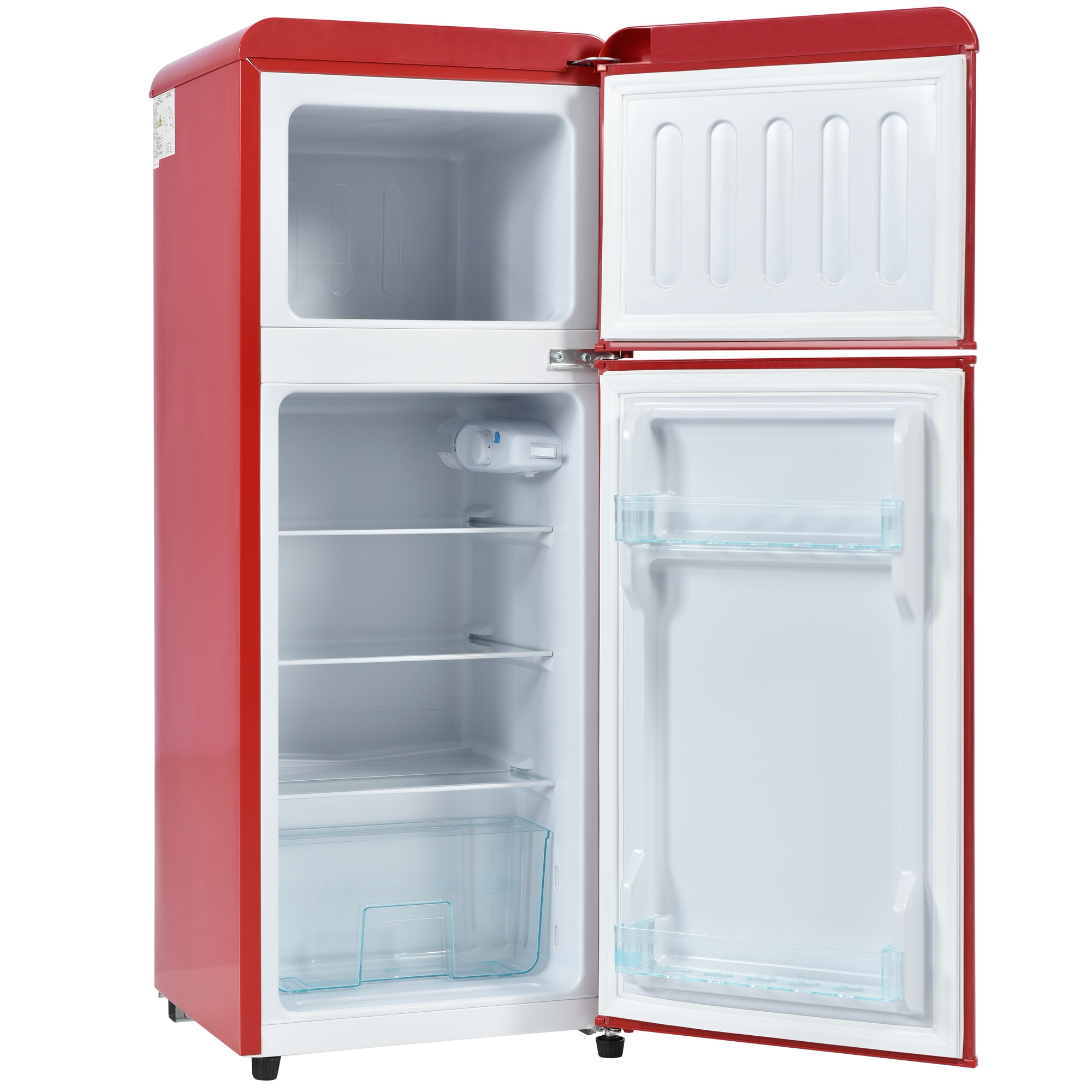 Roter Retro-Kühlschrank, geöffnet, mit weißem Innenraum und Regalen.