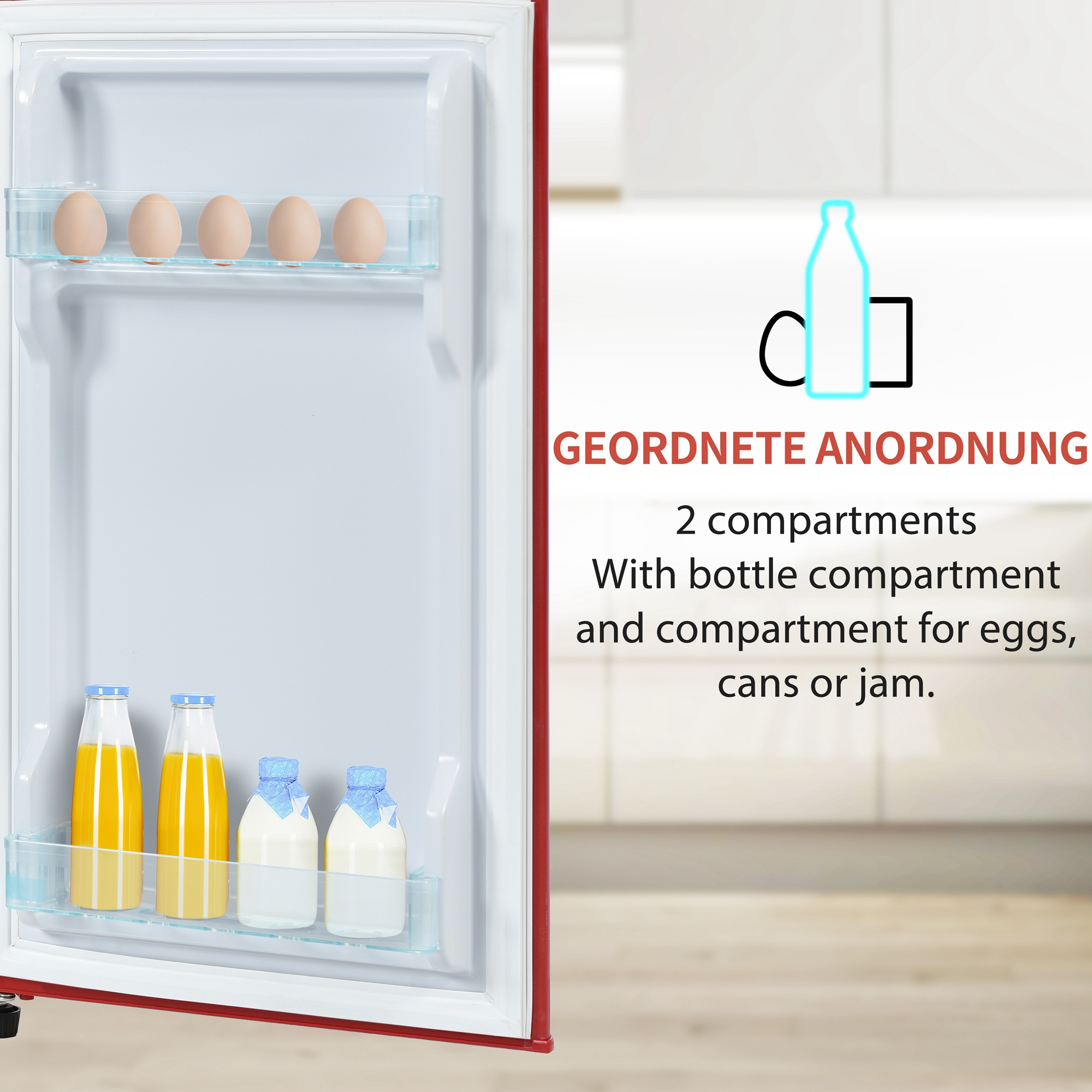 Kühlschrankinnenraum mit Eiern und Milchflaschen in einem roten Rahmen.