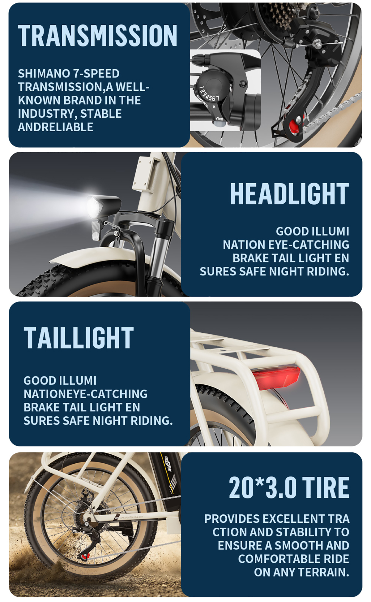 Cztery obrazy z tekstami o częściach roweru, w tym o napędzie, reflektorze i oponie.