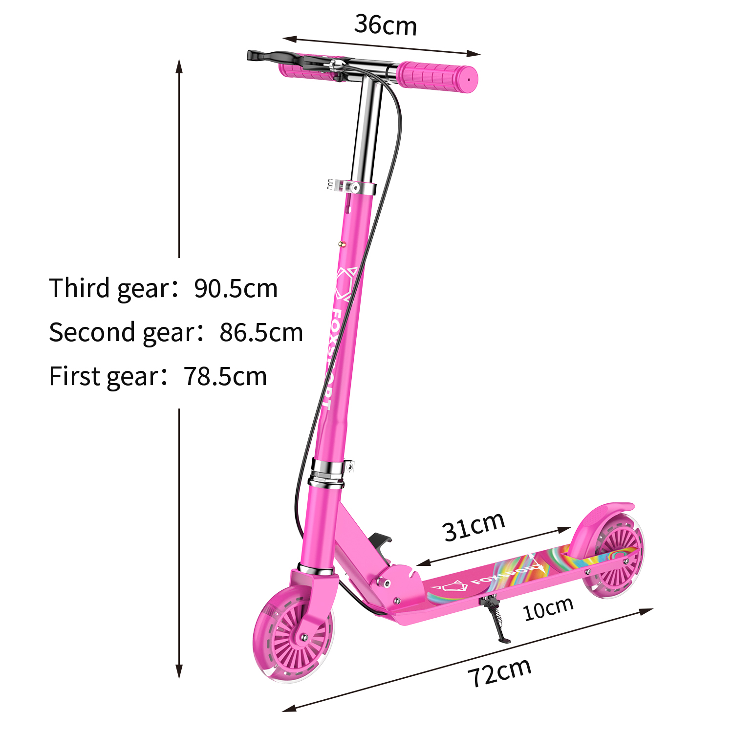 Pinkfarbener Roller mit beschrifteten Abmessungen. Text: Dritter Gang: 90,5 cm, Zweiter Gang: 86,5 cm, Erster Gang: 78,5 cm.