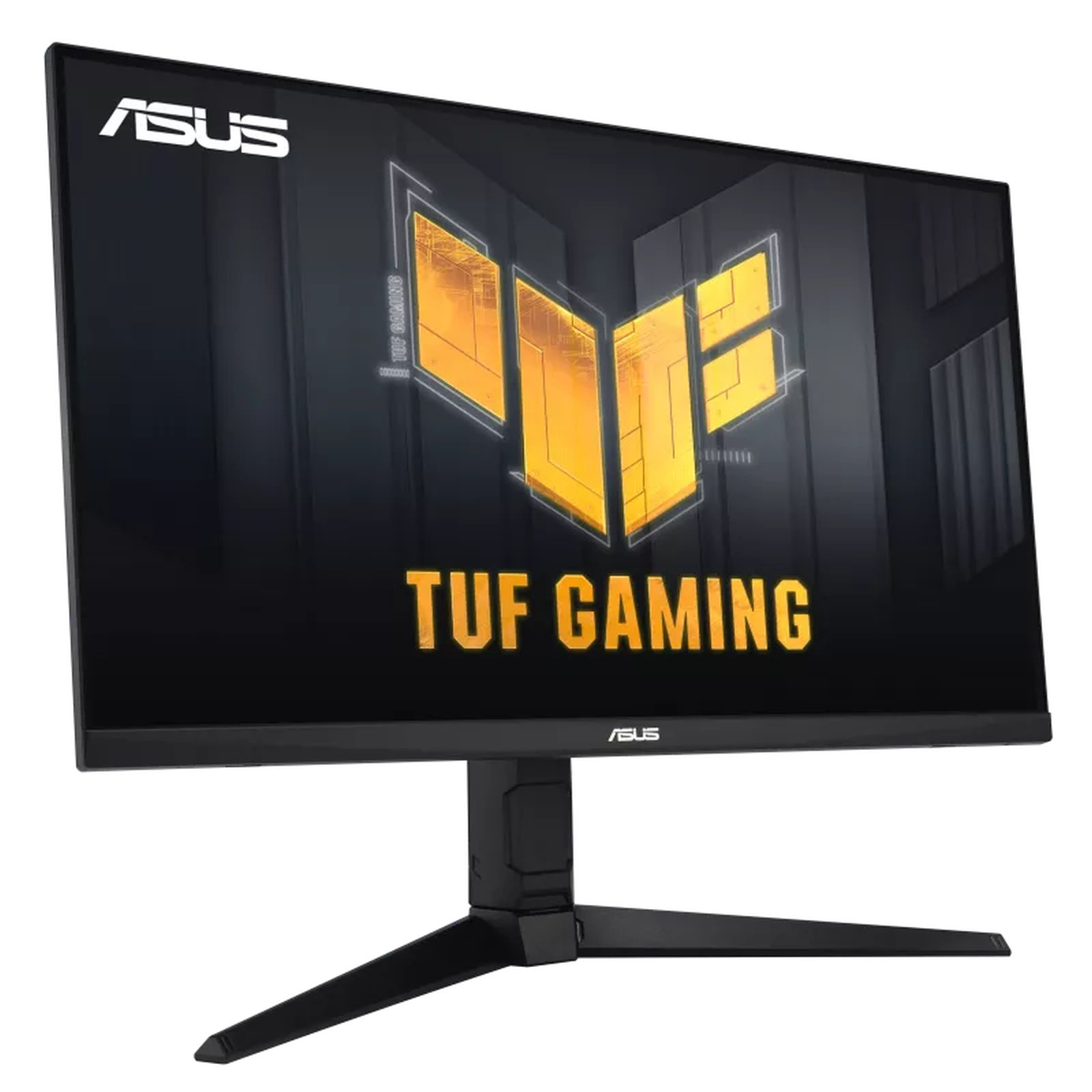 Zwarte gaming monitor met het ASUS TUF GAMING logo op een witte achtergrond.