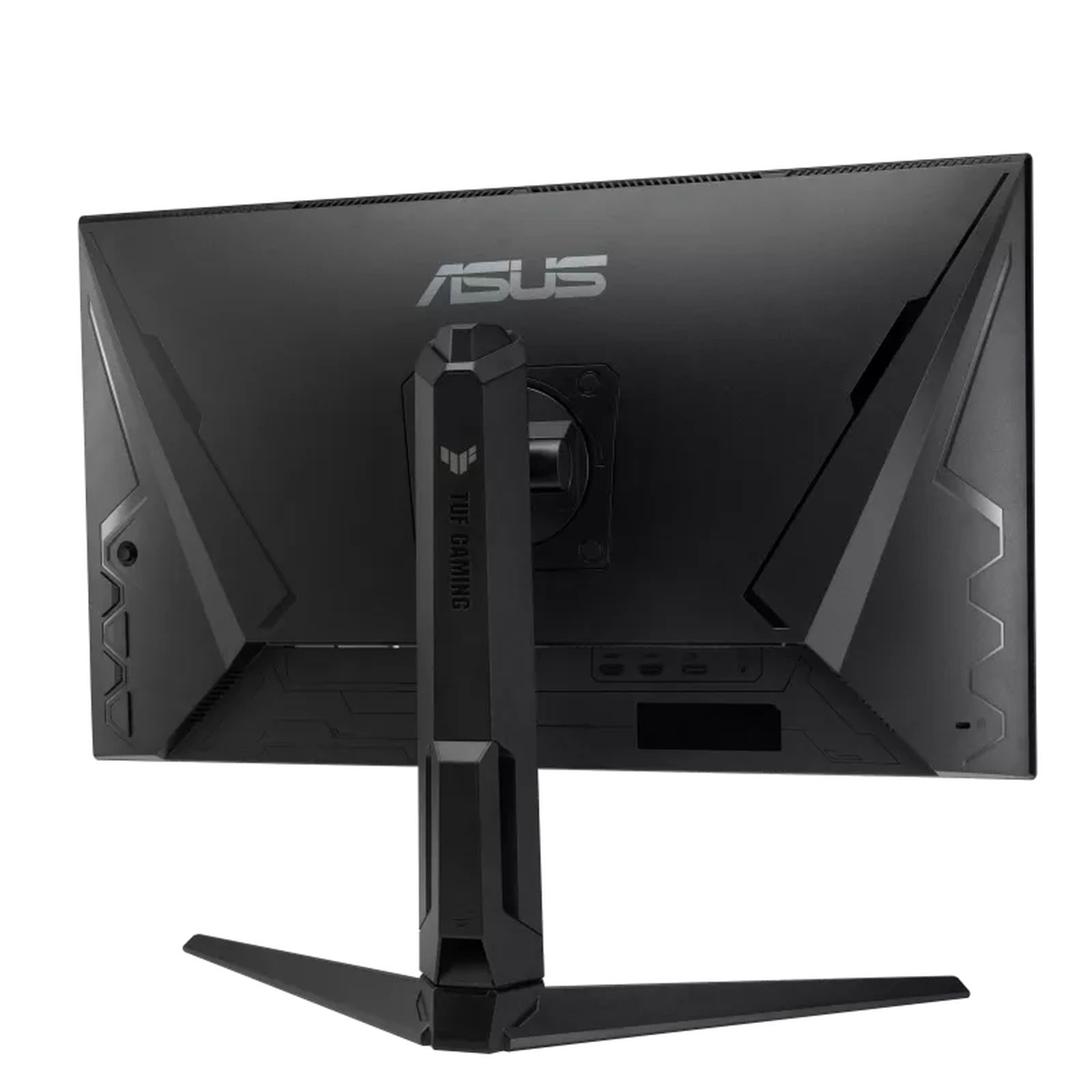 Achteraanzicht van zwarte ASUS TUF Gaming monitor met standaard. De monitor staat tegen een witte achtergrond.