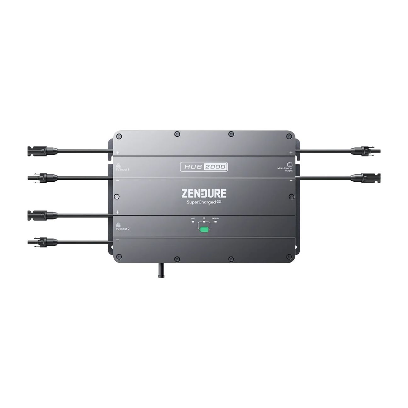 Ein graues ZENDURE HUB 2000 Gerät mit Verbindungskabeln und Eingangsanschlüssen.