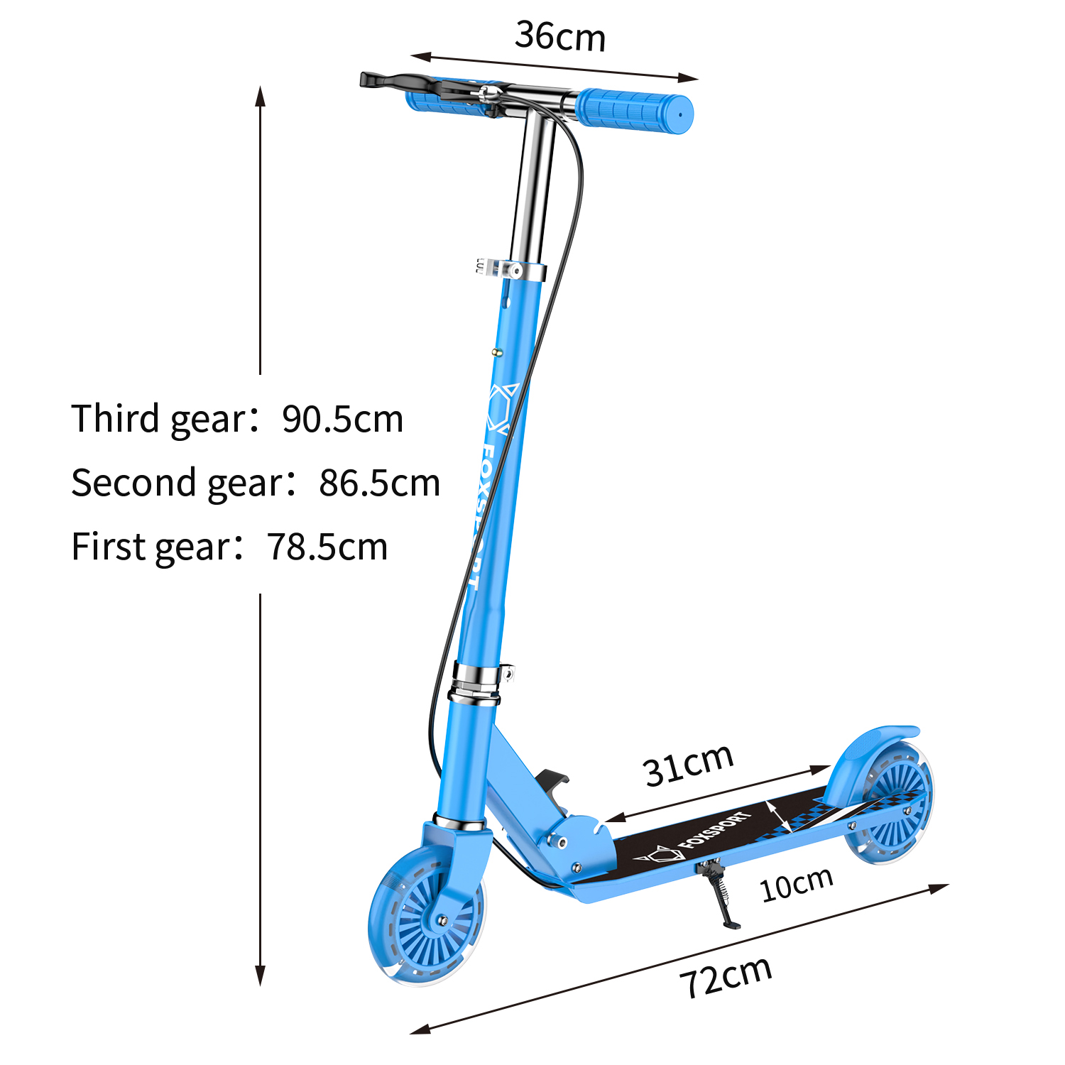 Ein blauer Roller mit Maßen.