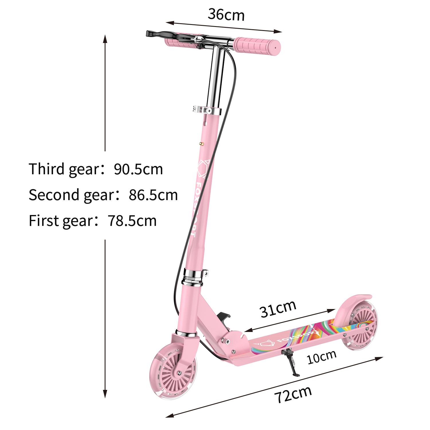 Ein rosa Roller mit Maßen. Er hat rosa Räder und einen rosa Lenker.