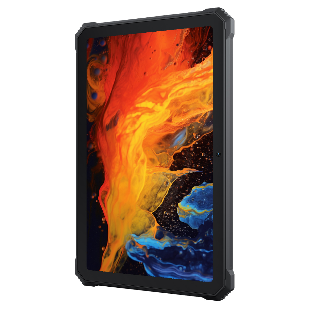 Zwarte tablet met kleurrijk display, met vlammen en abstracte vormen.