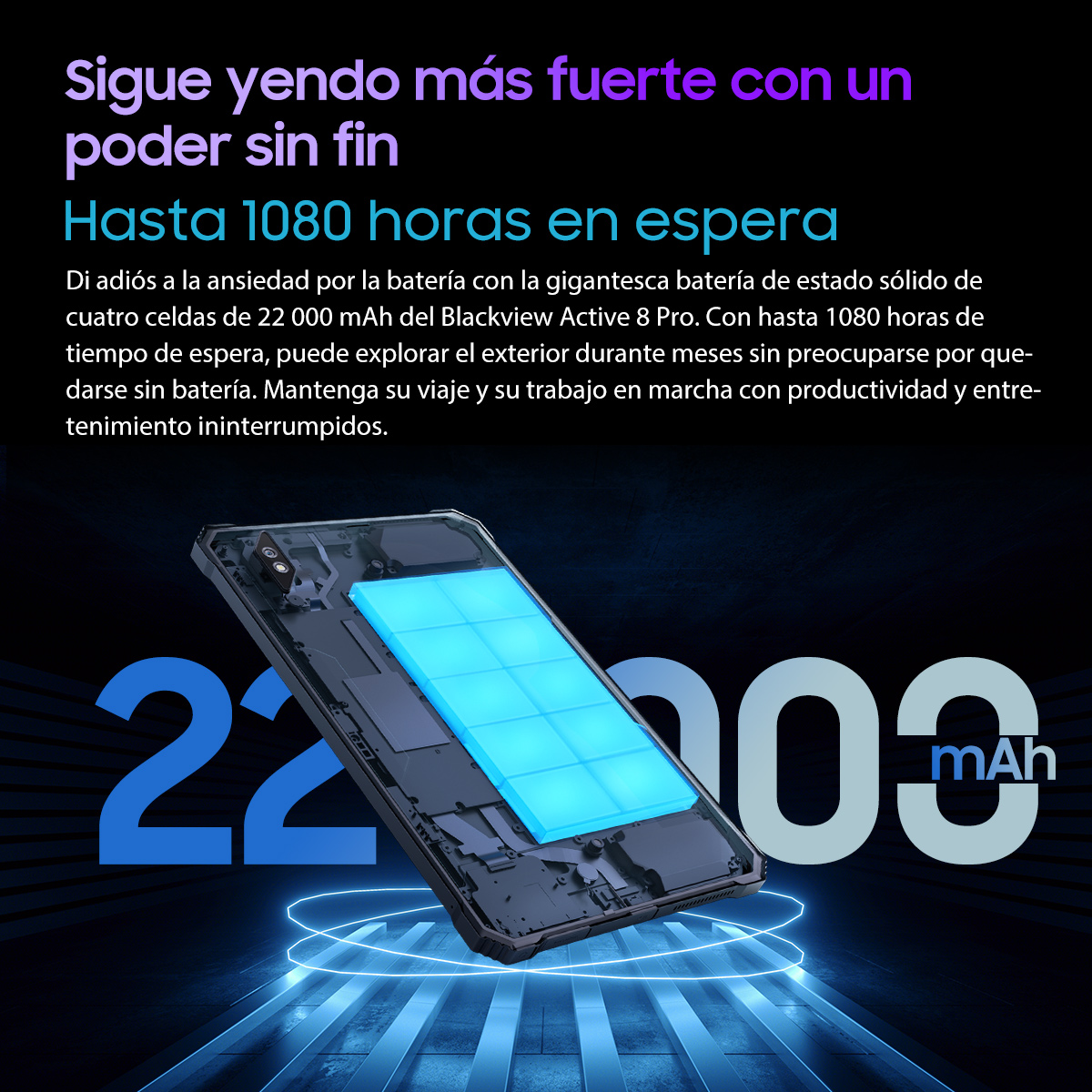 Vista seccionada de un smartphone negro con un gráfico de batería azul y texto.