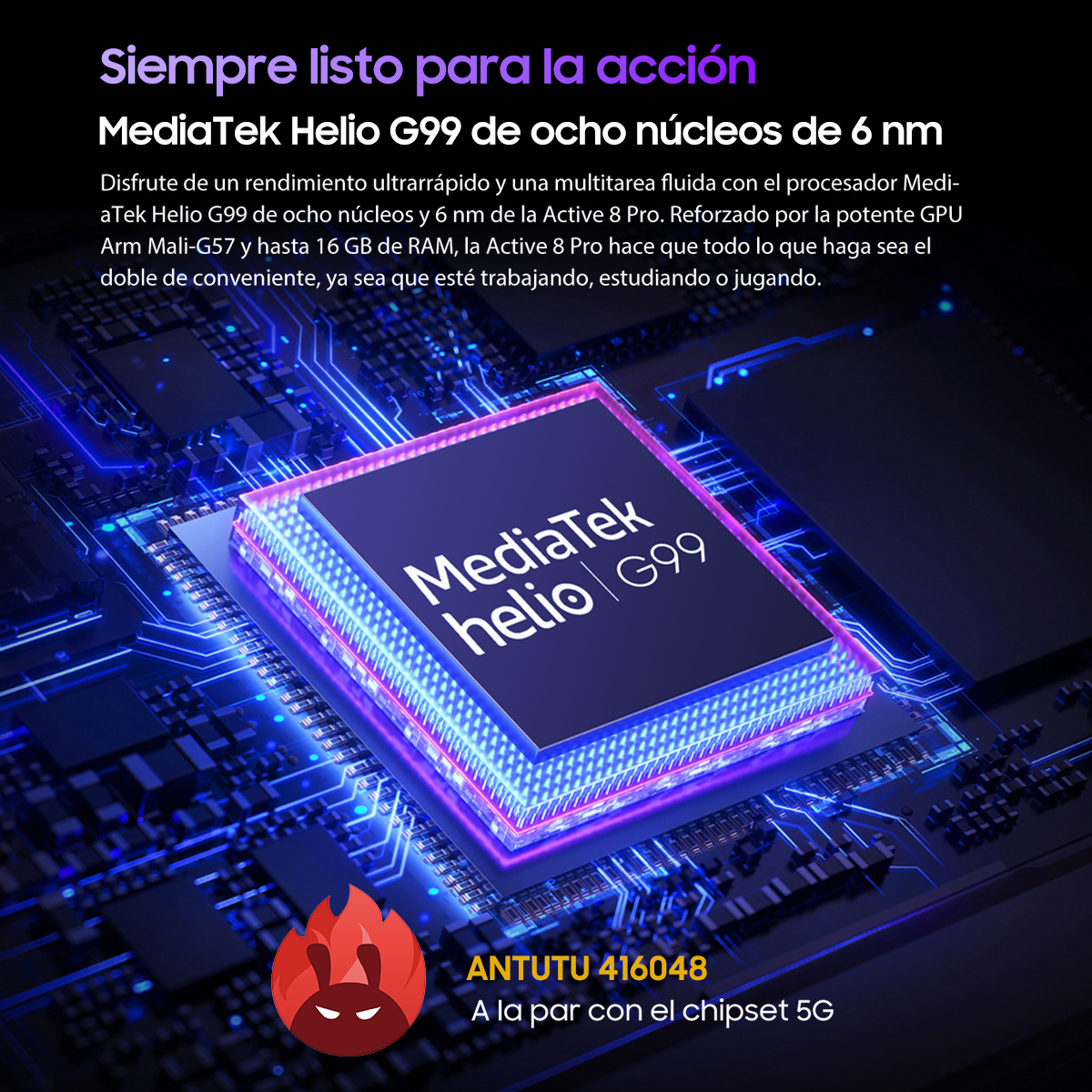 Primer plano de placa de circuito con procesador. Texto y gráficos resaltan el procesador.