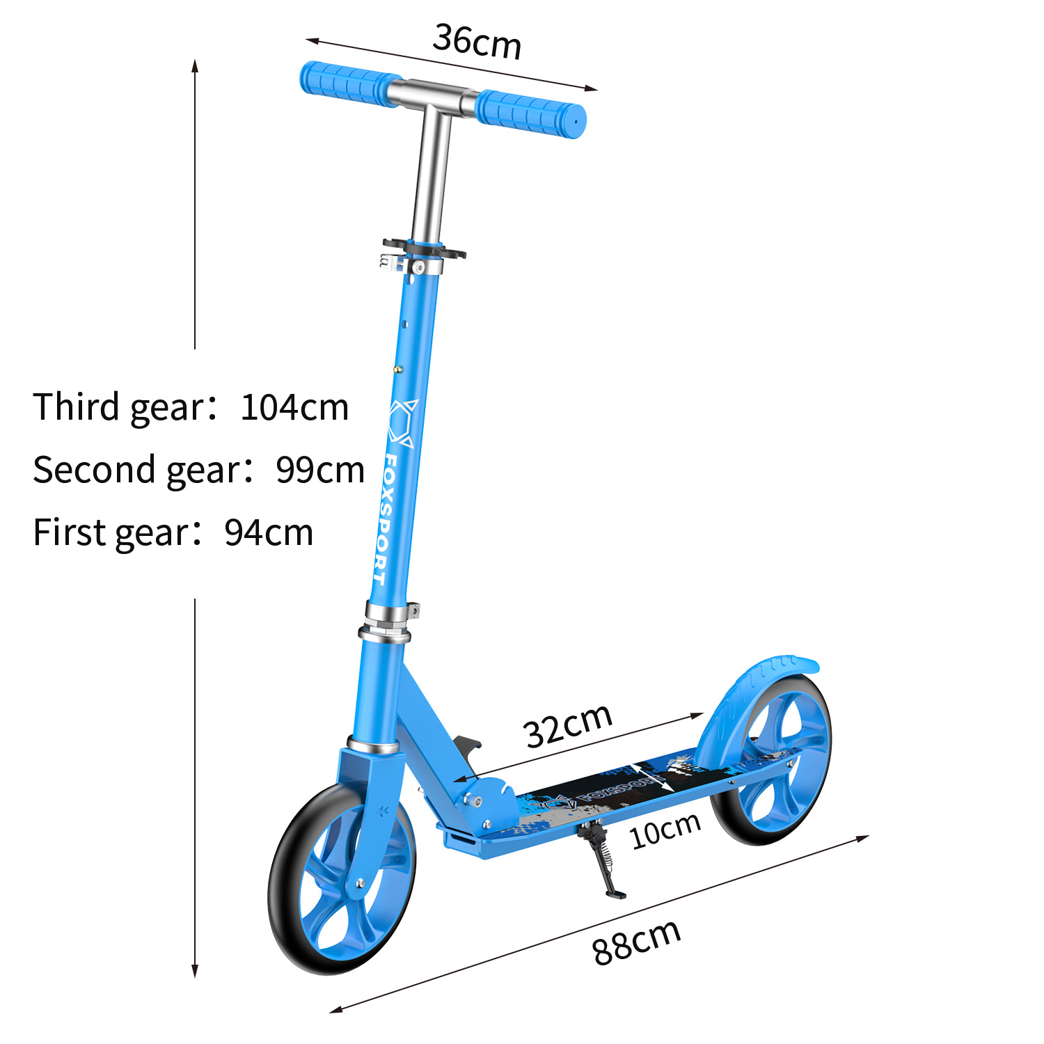 Ein blauer Roller mit Maßen.