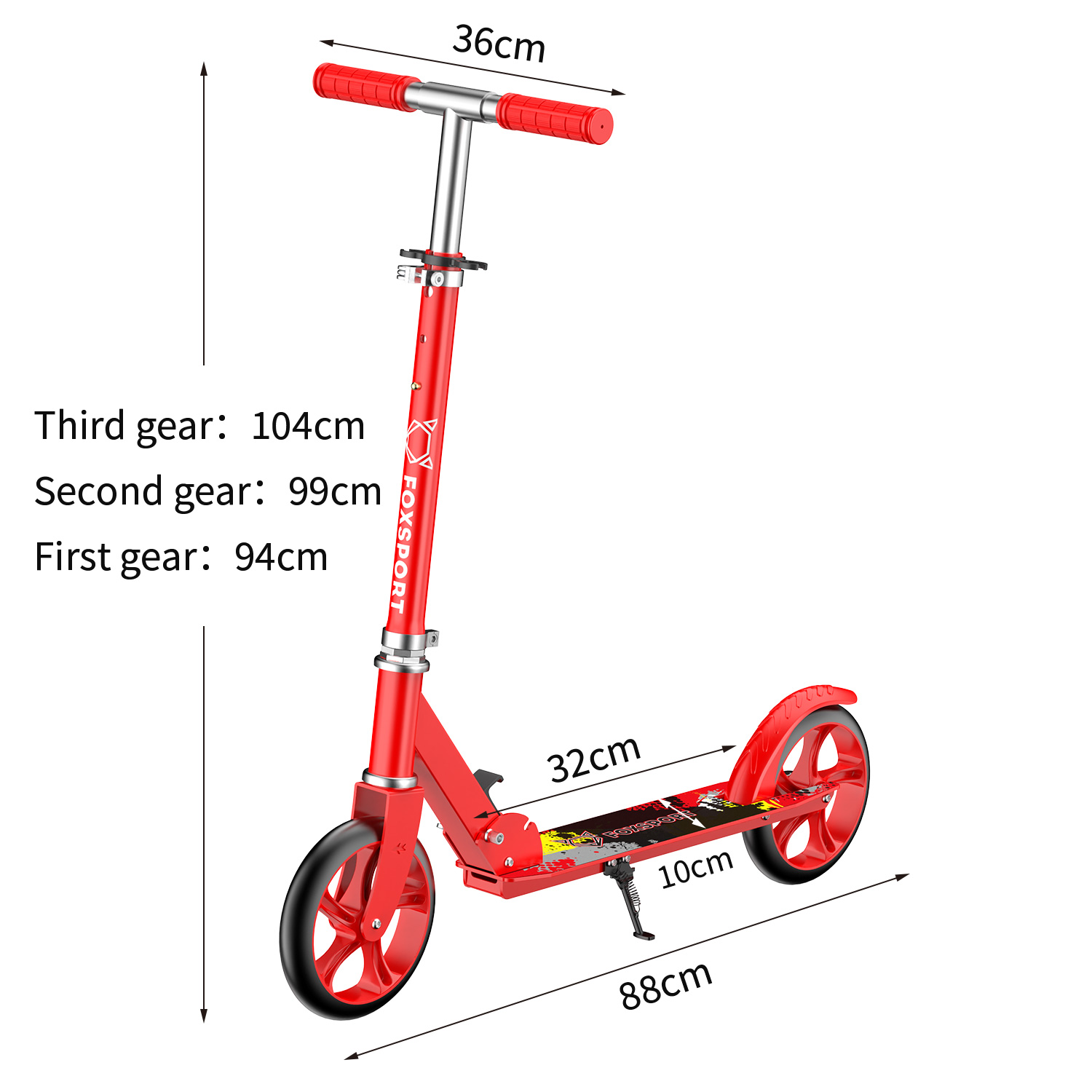 Roter Roller mit Maßen: 104 cm, 99 cm, 94 cm, 36 cm, 32 cm und 88 cm.