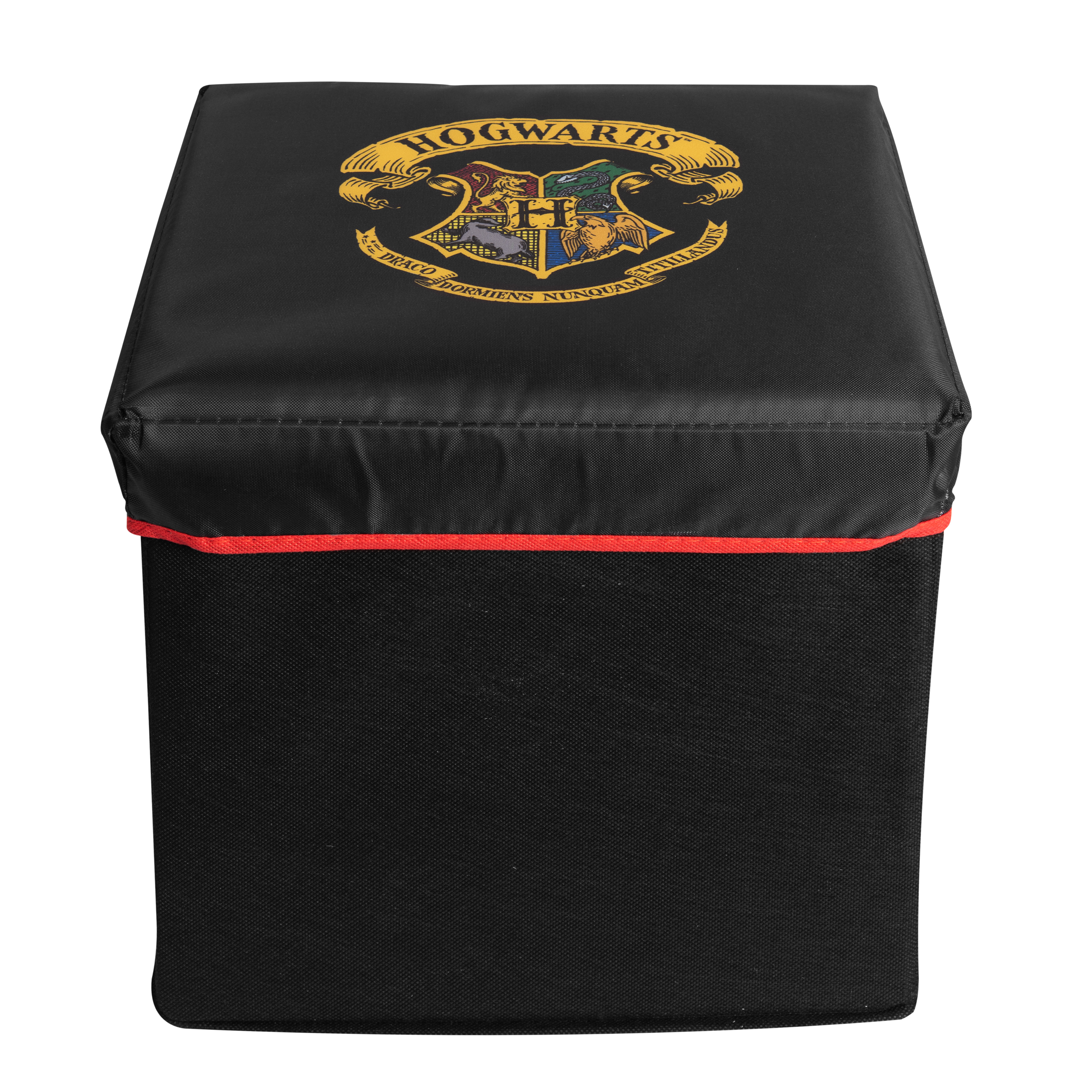 Schwarzer Aufbewahrungswürfel mit Hogwarts-Wappen oben und roter Zierleiste am Boden.