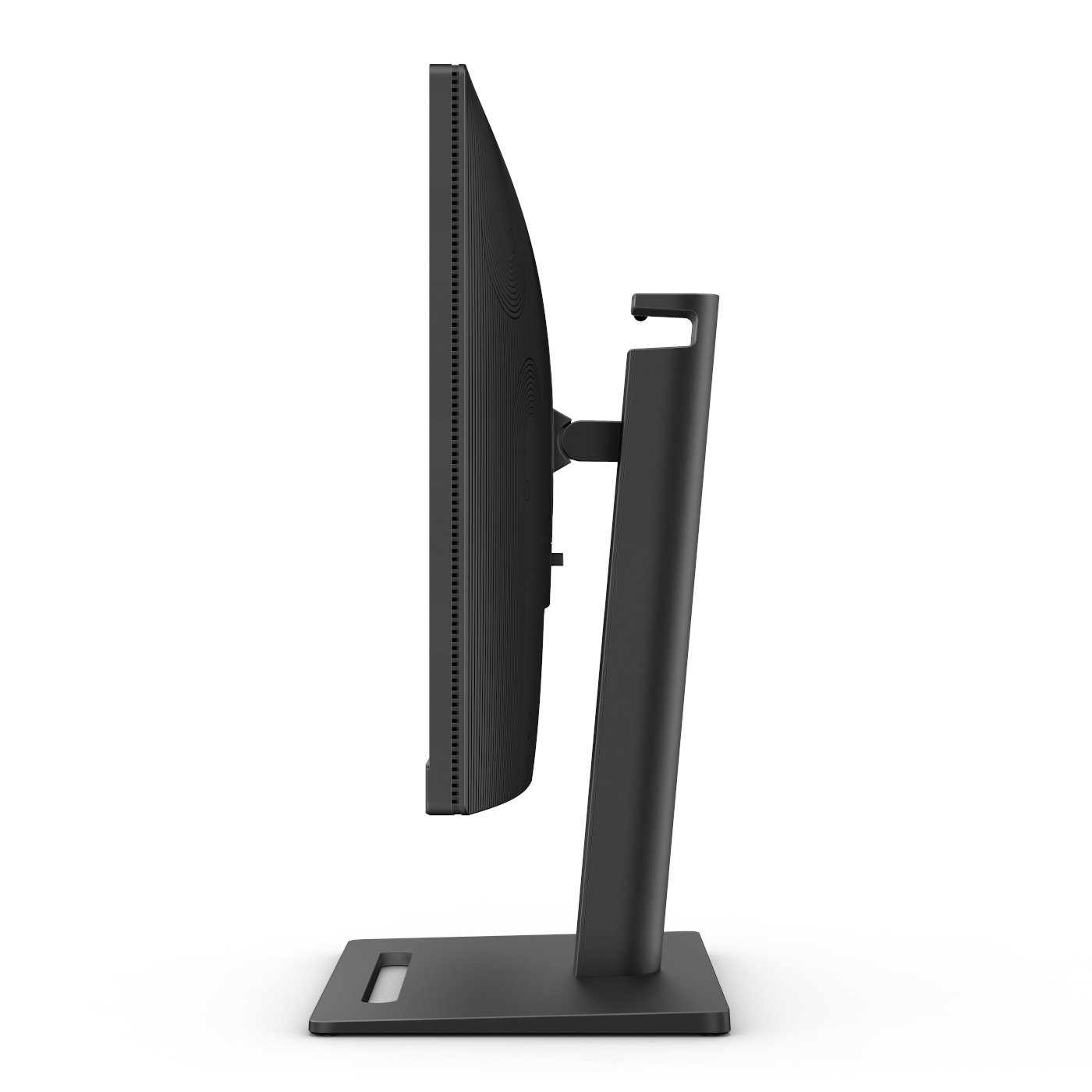 Czarny monitor komputera w widoku z boku. Jest na podstawie i ma prostokątny kształt.