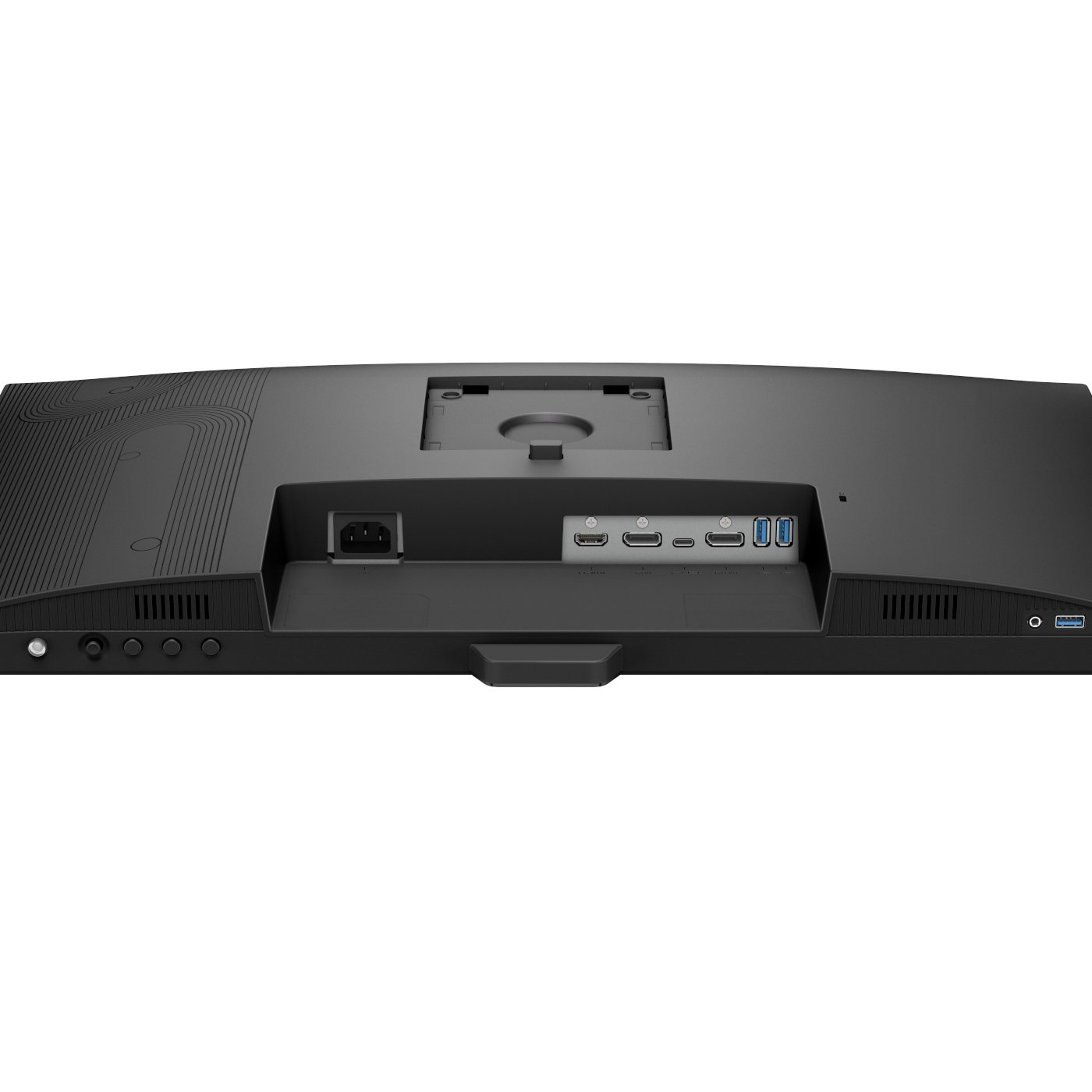 Tył monitora, różne porty, w tym zasilanie, HDMI i USB.