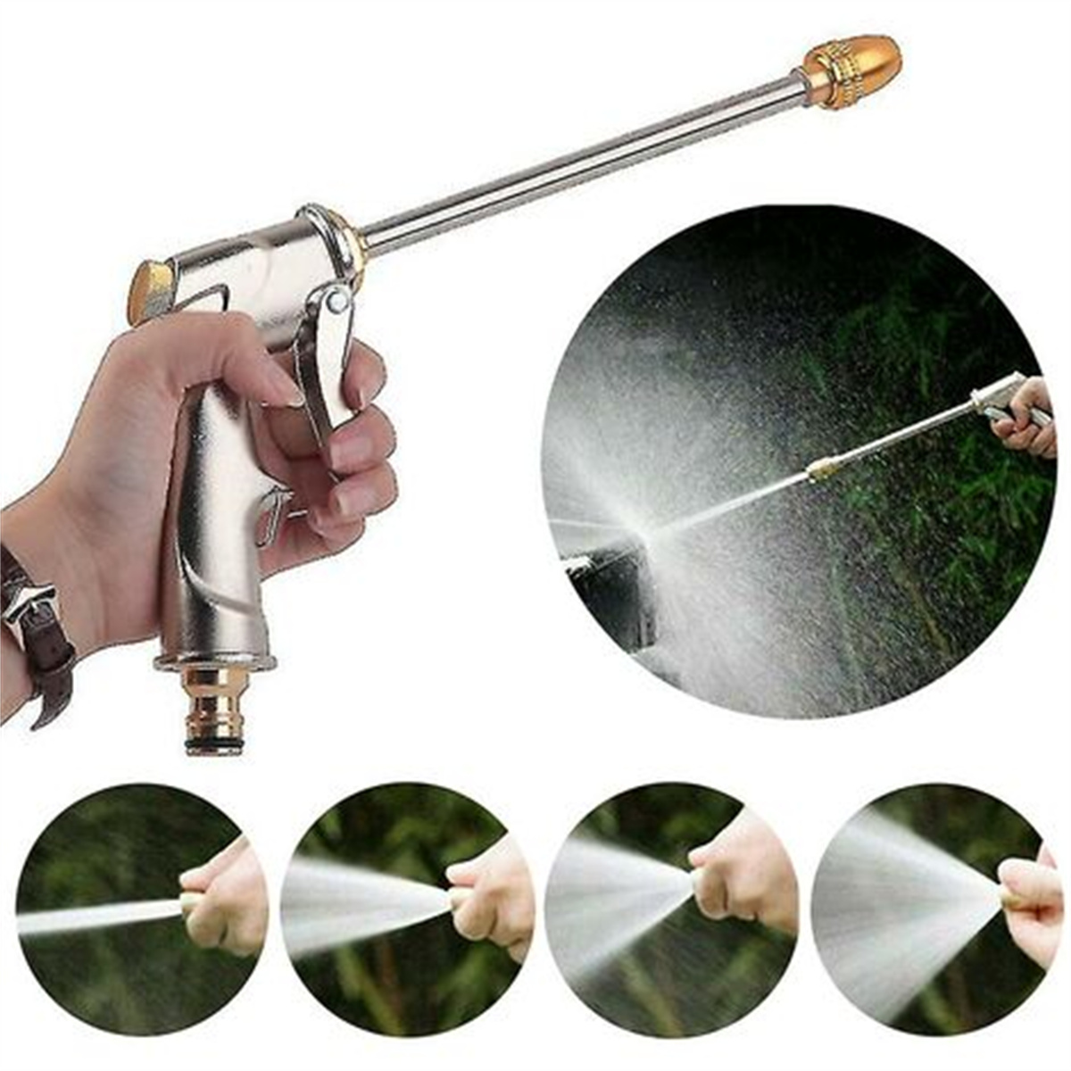 Eine Person hält eine silberne und goldene Wasserpistole. Mehrere Wassersprühmuster sind in kreisförmigen Einsätzen dargestellt.