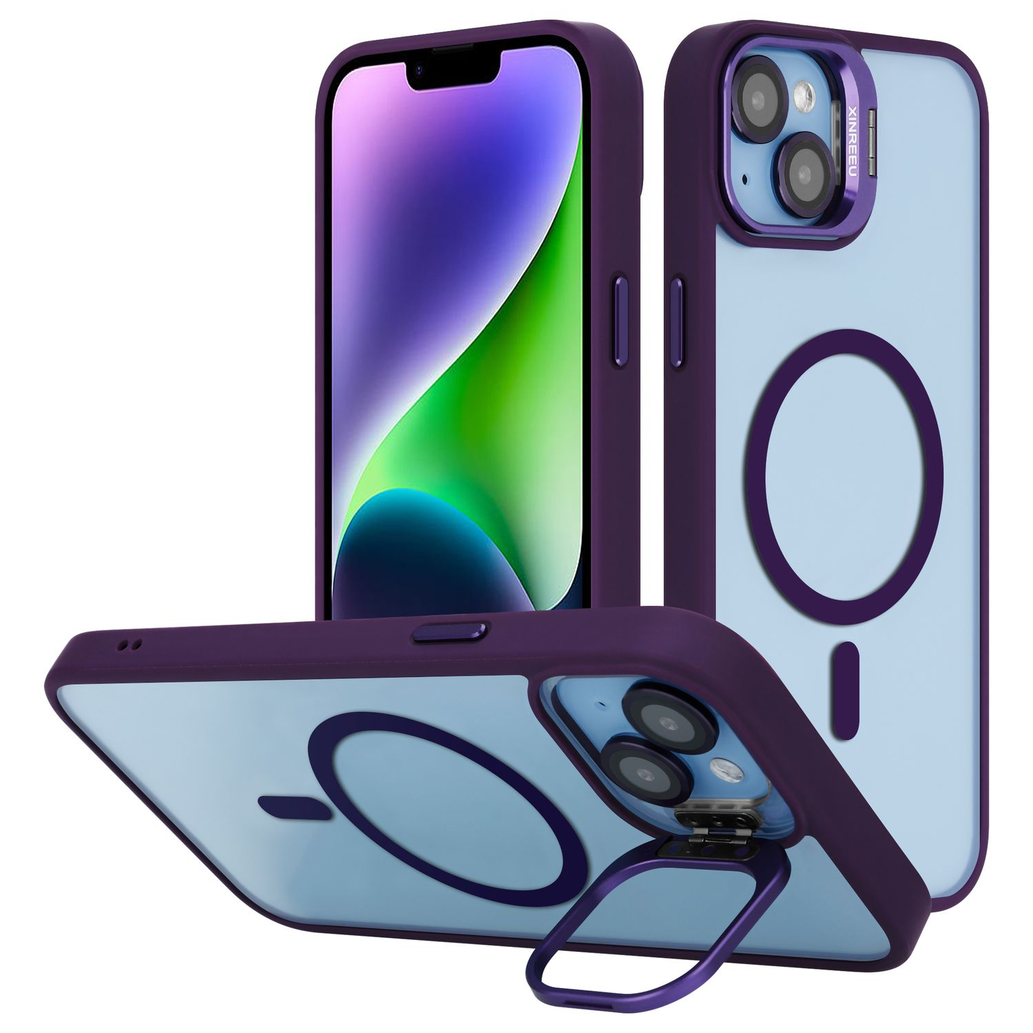 Lila Handyhülle mit Telefon. Zeigt Hülle und Telefon in Ansichten.