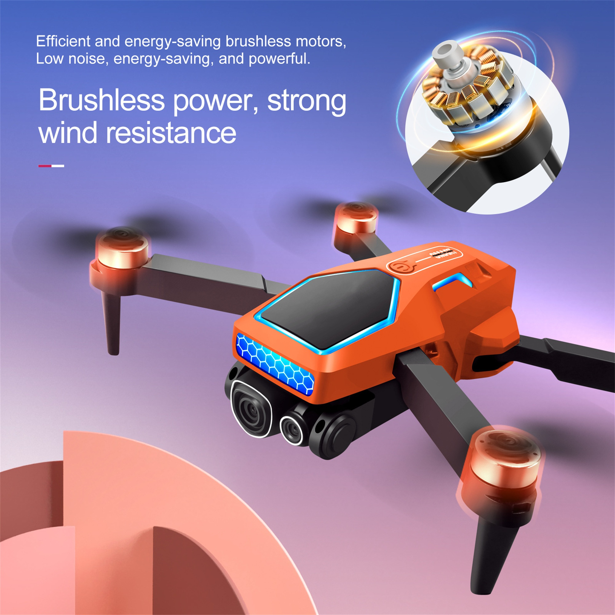 Orangefarbene Drohne mit schwarzen Propellern und blauem Licht. Die Drohne fliegt. Bürstenloser Motor wird gezeigt.