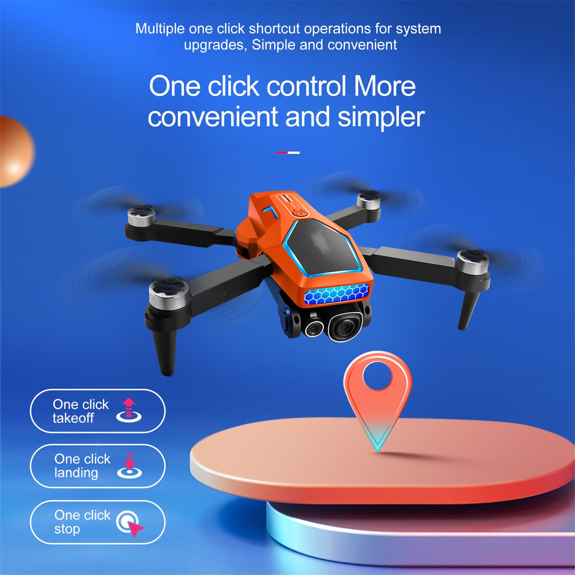 Orange Drohne im Flug mit Text über One-Click-Steuerung, Start, Landung und Stopp. Blauer Hintergrund.