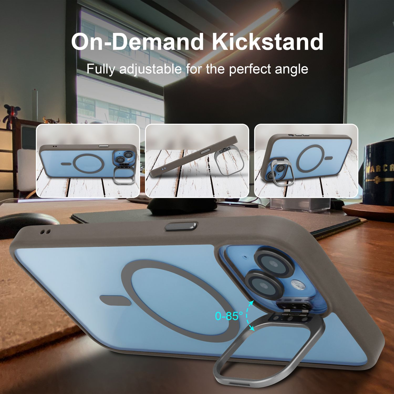 Handyhülle mit Kickstand-Funktion. Zeigt das Telefon und die Hülle in verschiedenen Positionen.