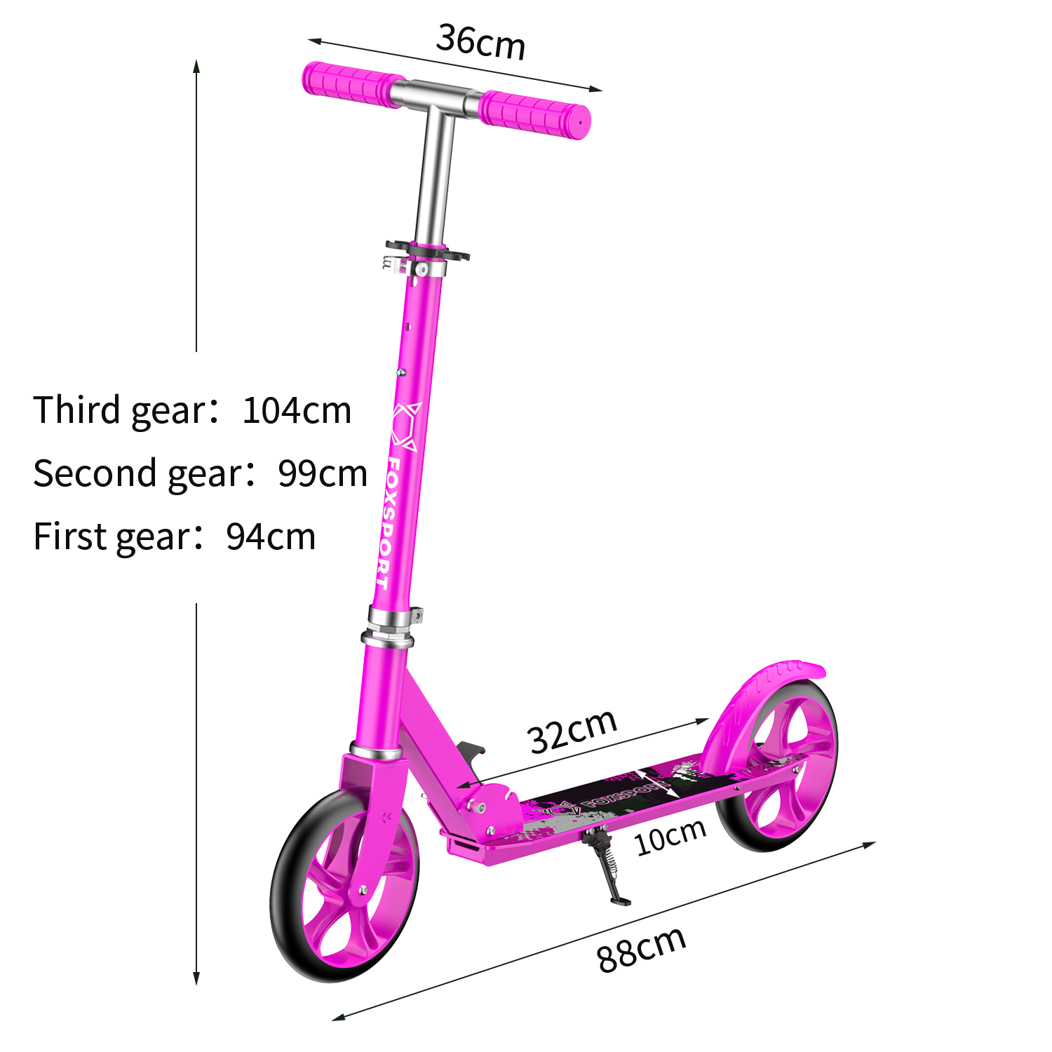 Un patinete rosa con medidas etiquetadas. Está sobre un fondo blanco.