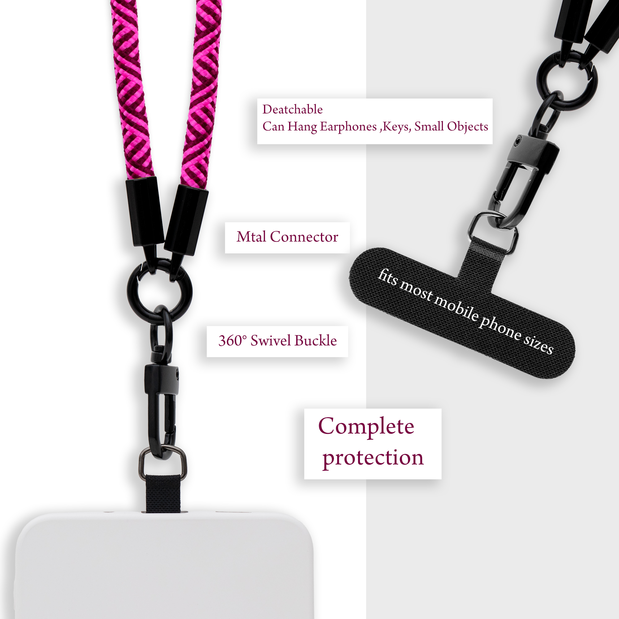 Schlüsselband mit rosa-schwarzem Muster, Telefonbefestigung und Text: 'Complete protection'.