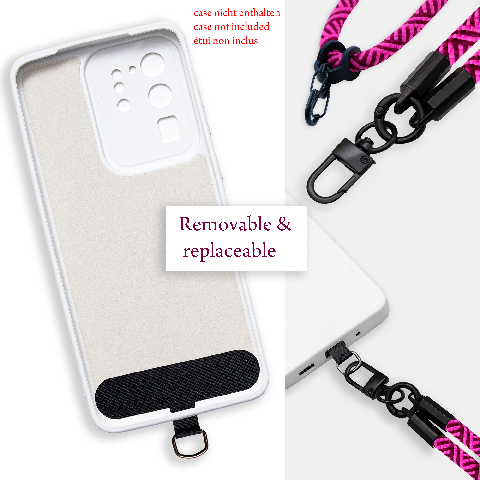 Handyhülle mit Lanyard. Nahaufnahme der Handyhülle, des Lanyards und des Verbinders.