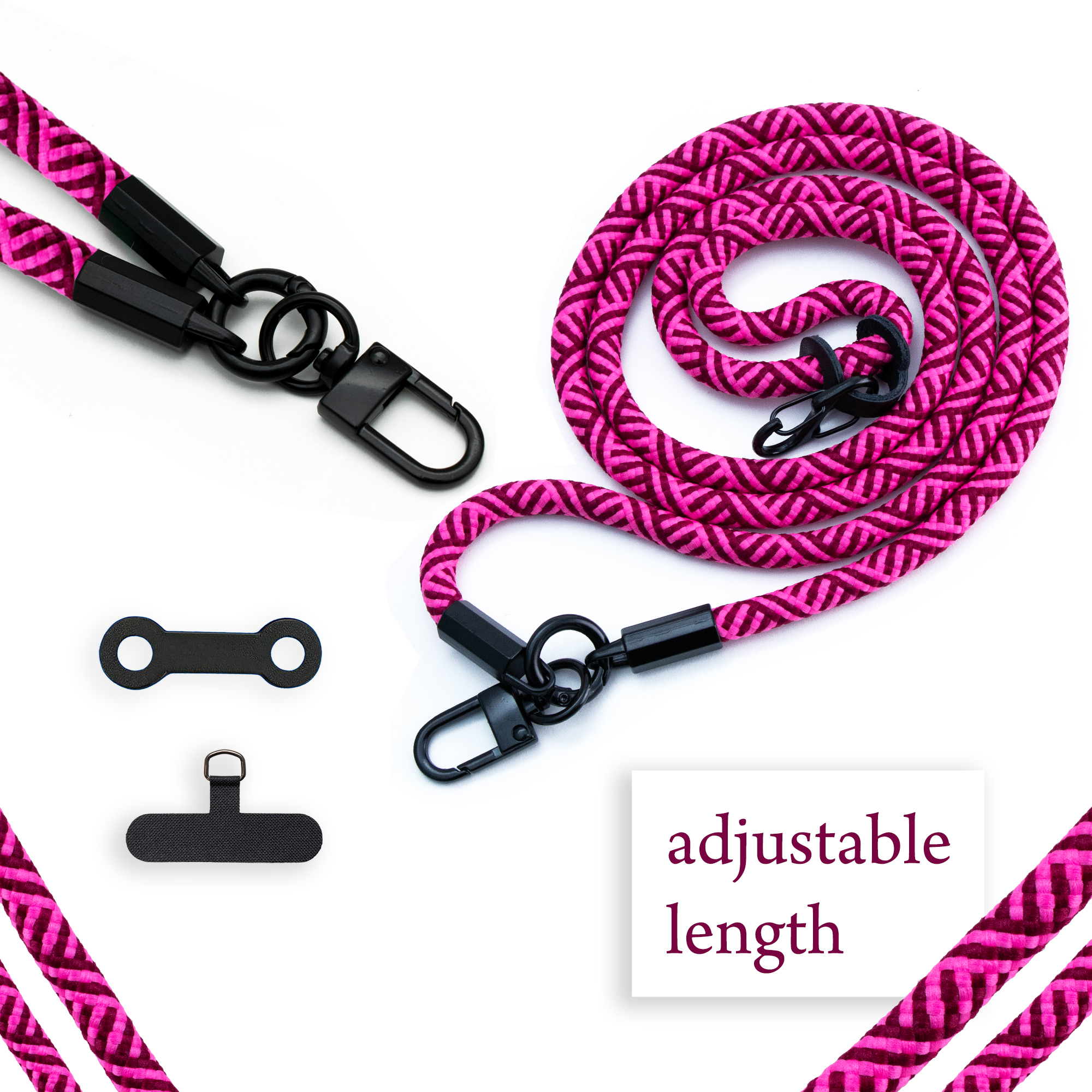 Rosa-schwarzes Telefon-Lanyard. Nahaufnahme des Lanyards und des Verbinders.