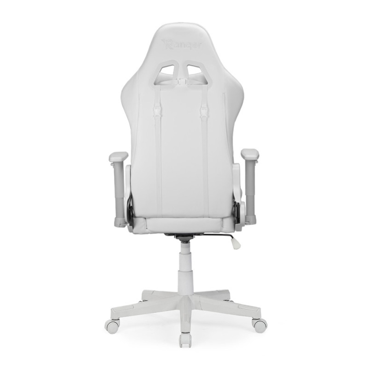 Chaise de jeu blanche vue arrière avec accoudoirs, base et roues.