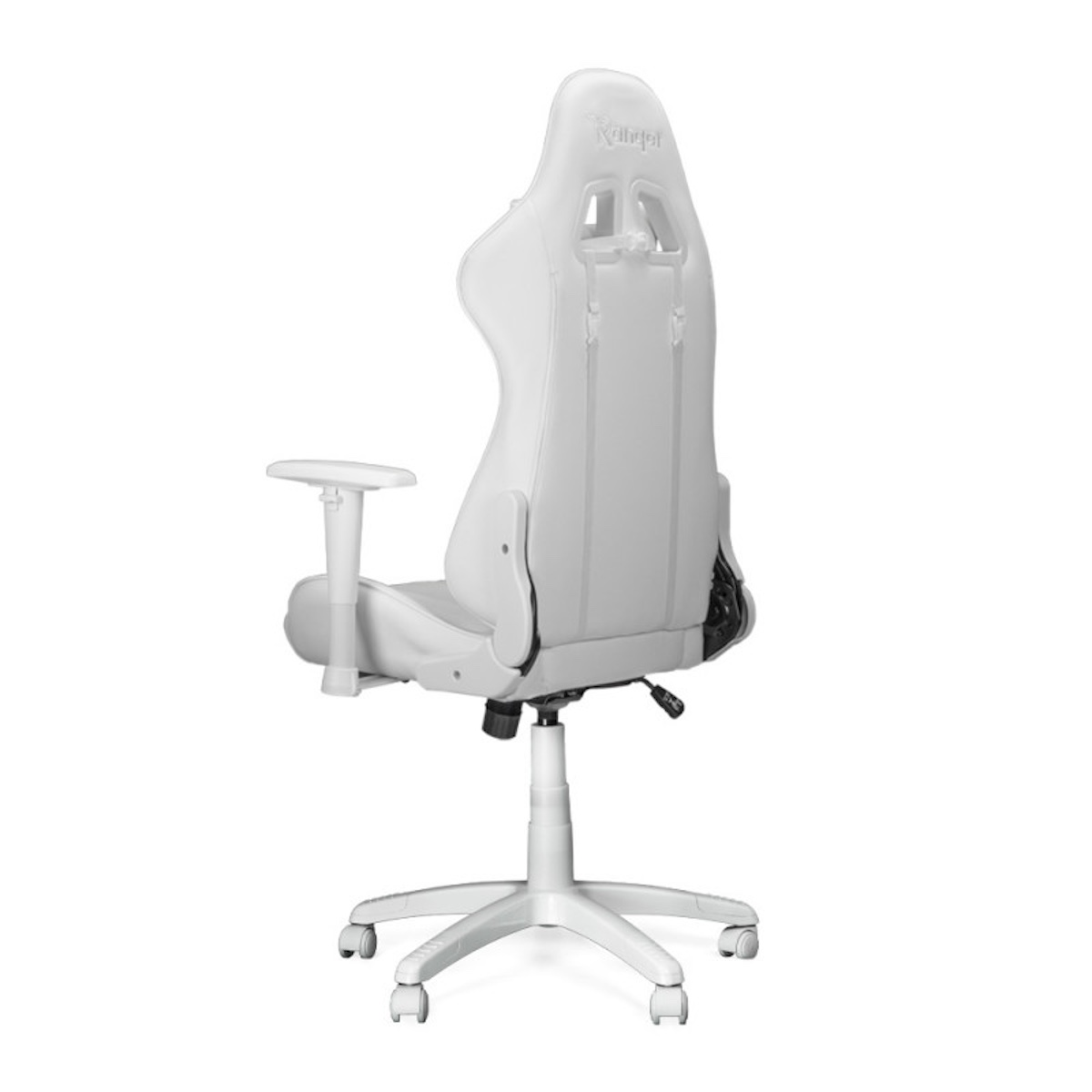 Chaise gaming blanche, vue de dos. Détails : appui-tête, dossier, accoudoirs et base en forme d'étoile avec roues.