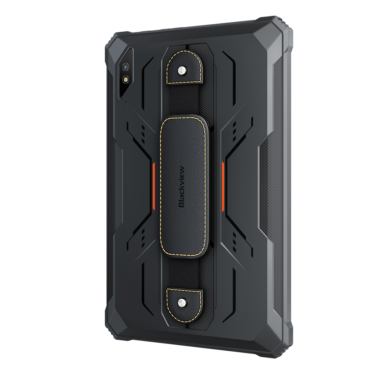 Tablet nero con design robusto, cinturino e dettagli arancioni. Logo Blackview.