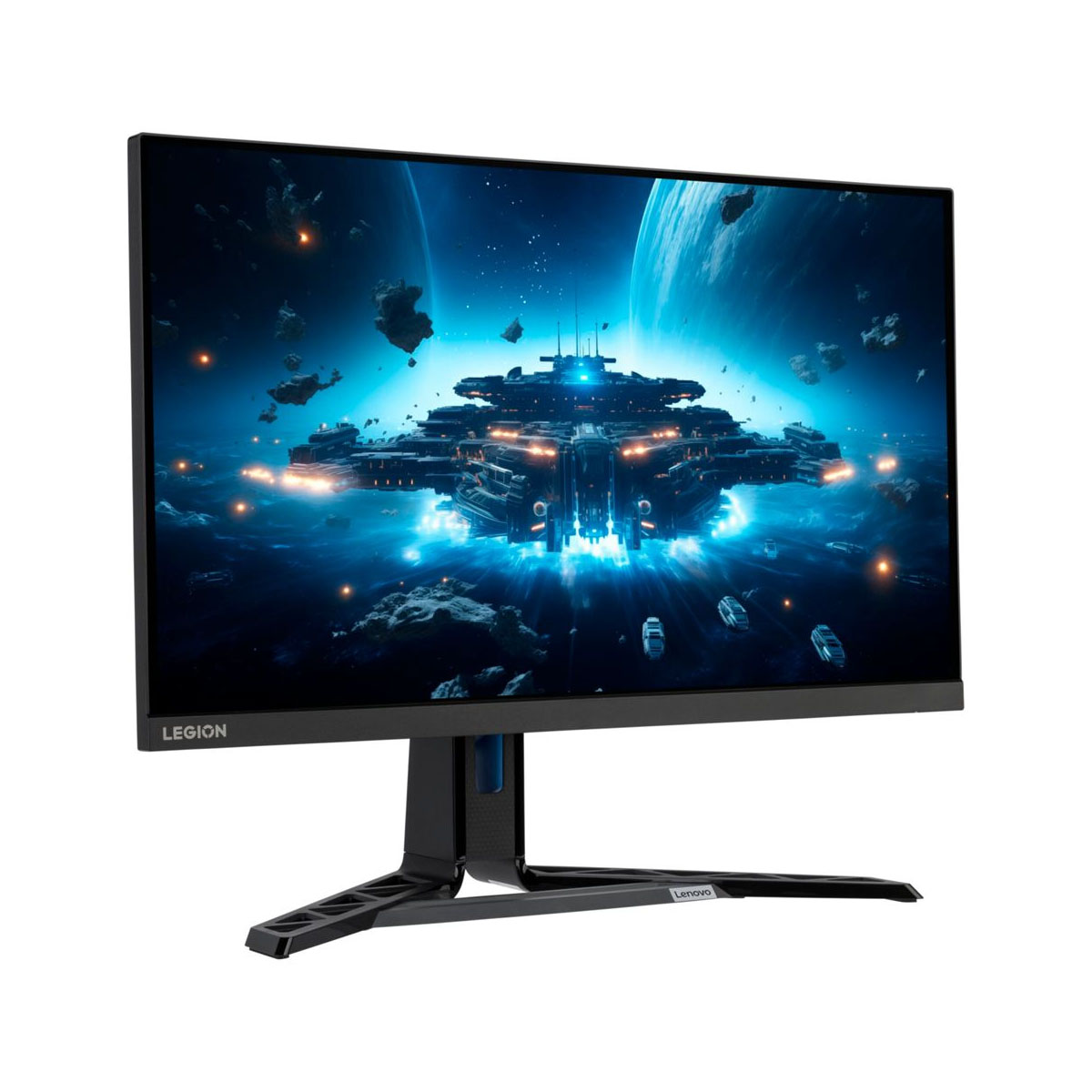 Monitor do gier z kosmiczną sceną, czarnym stojakiem i czarną ramką.