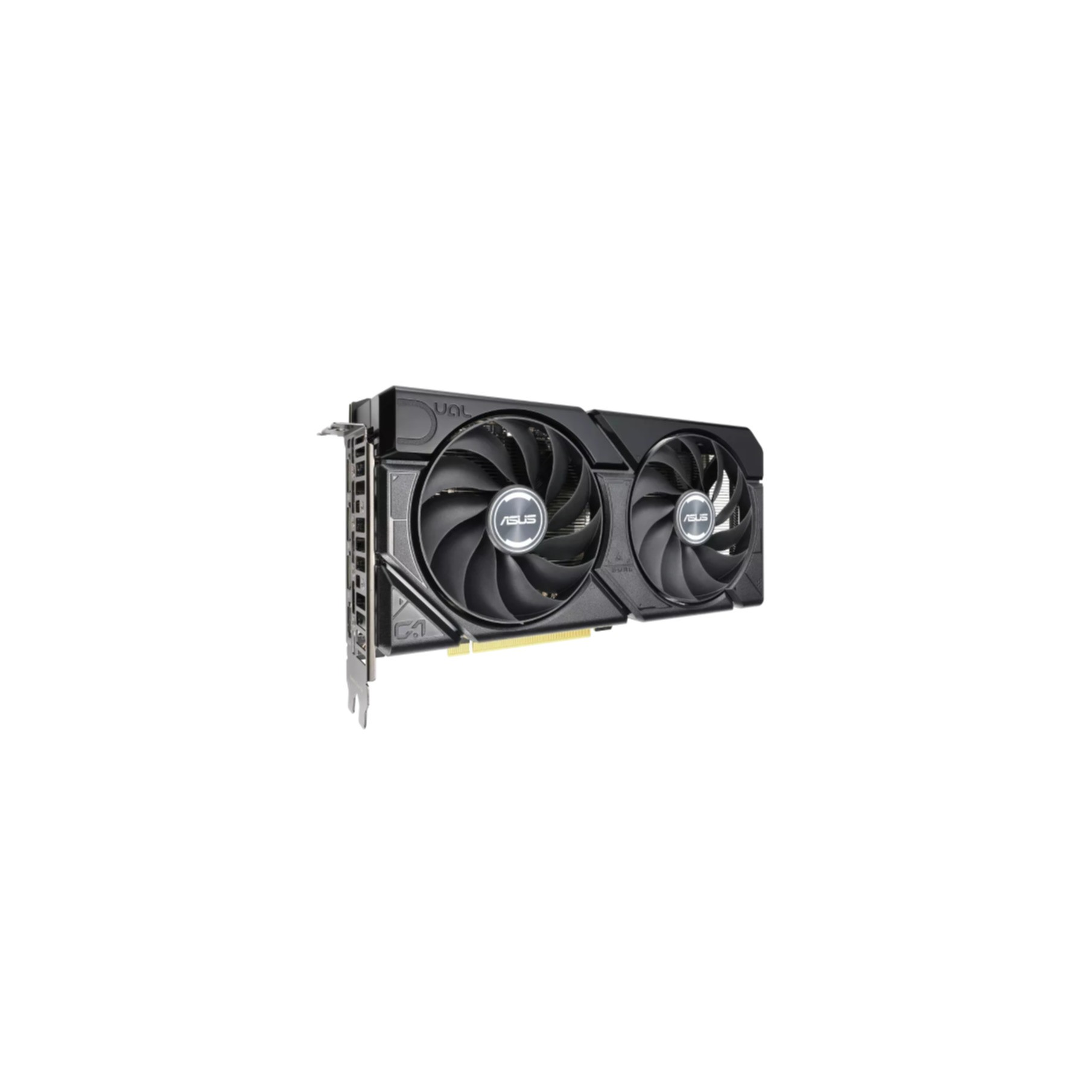 GPU ASUS a doppia ventola. Due ventole nere, telaio nero e connettori laterali.