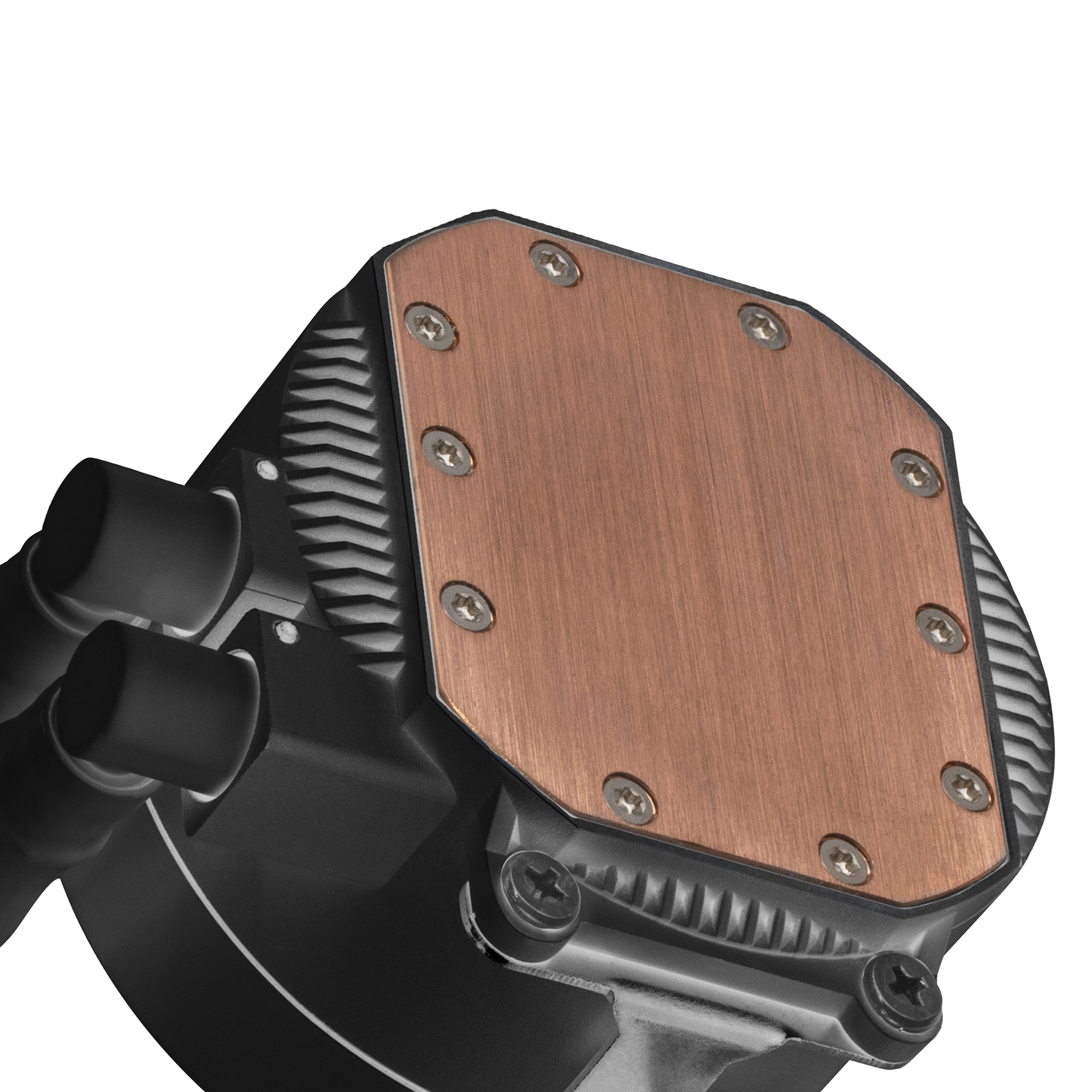 Chłodnica cieczy, miedziana płyta ze śrubami, czarne rurki po lewej.