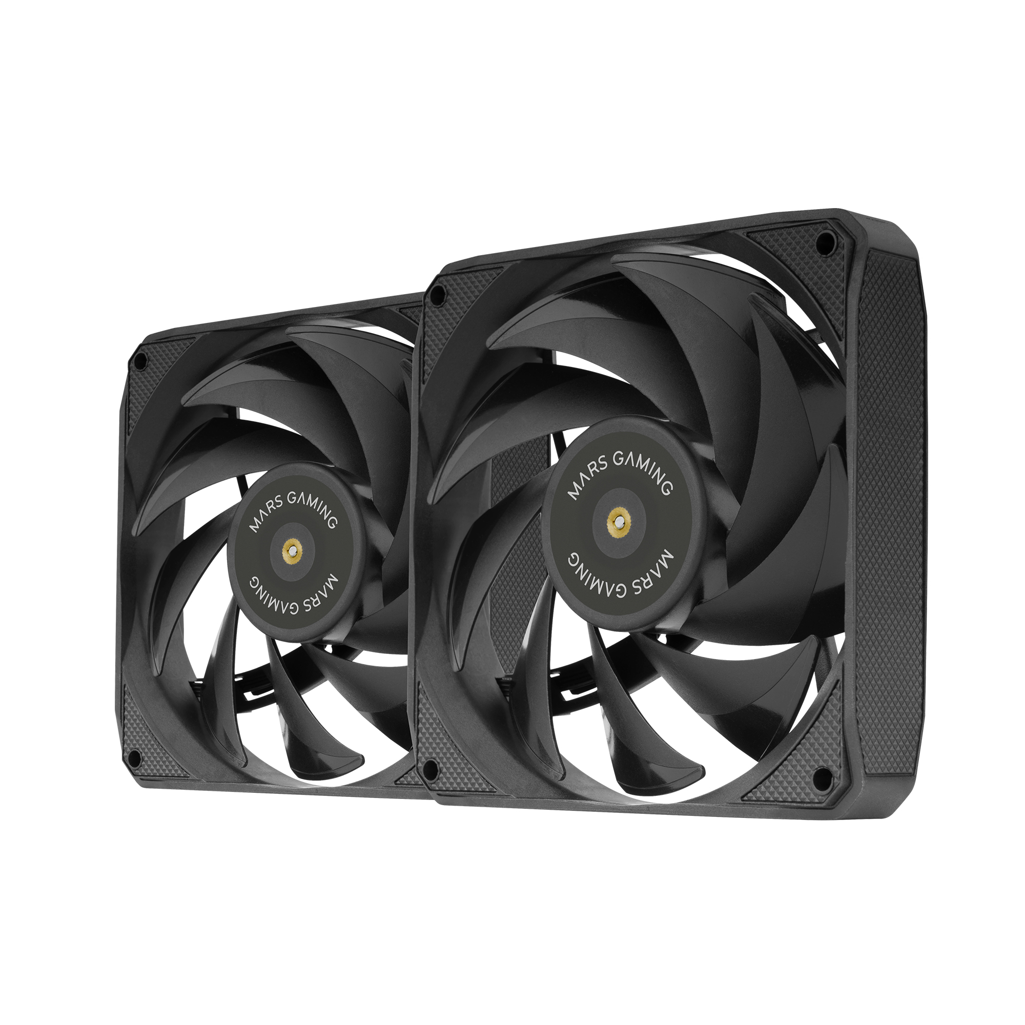 Dwa czarne wentylatory komputerowe. Każdy ma logo marki.