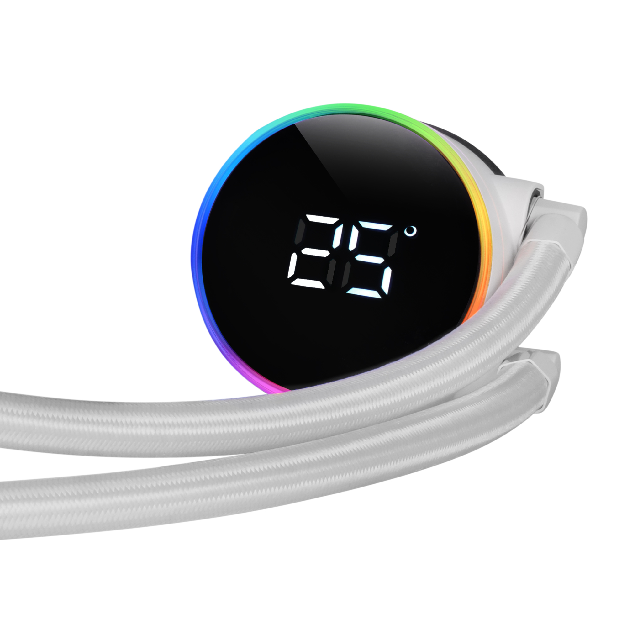 Chłodnica cieczy AIO z cyfrowym wyświetlaczem 25 stopni, połączona białymi rurkami.